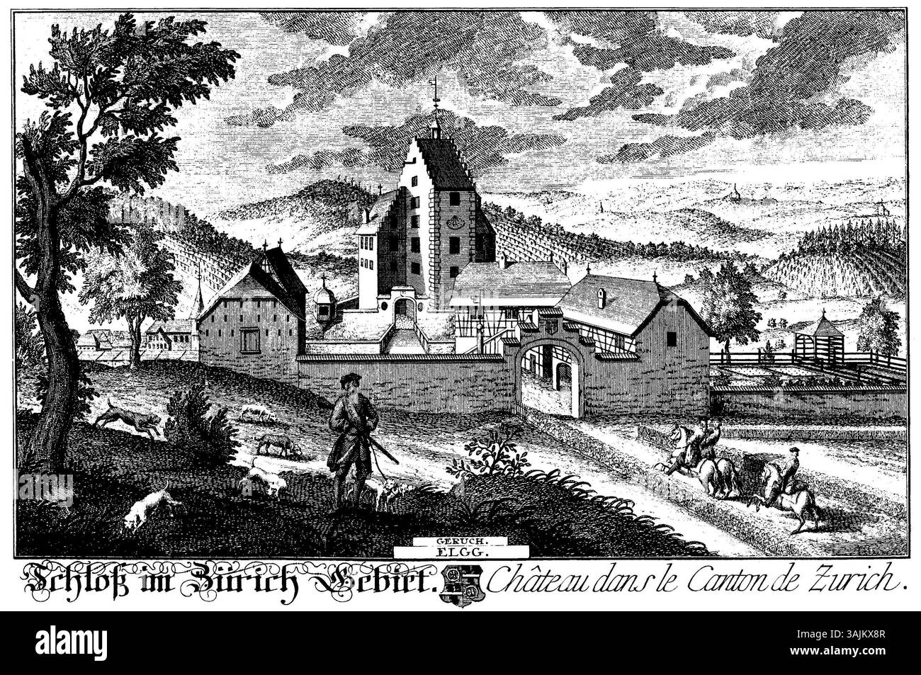 Gravur des Schlosses Elgg in Zürich, Schweiz, von Johann Caspar Ulinger im Jahre 1741. Der Stich ist Teil des Buches „Eigentliche Vorstellung der Adelichen Schlösser im Zürich Gebiet“ von David Herrliberger. Stockfoto