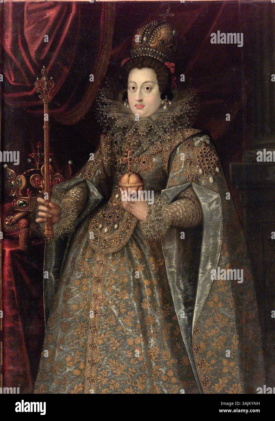 Porträt der Kaiserin Anna von Tirol mit ihrem Krönungsabzeichen, gemalt von Jeremias Günther 1613. Das Porträt in voller Länge zeigt die Kaiserin in königlicher Kleidung, mit der Krone und anderen zeremoniellen Symbolen. Stockfoto