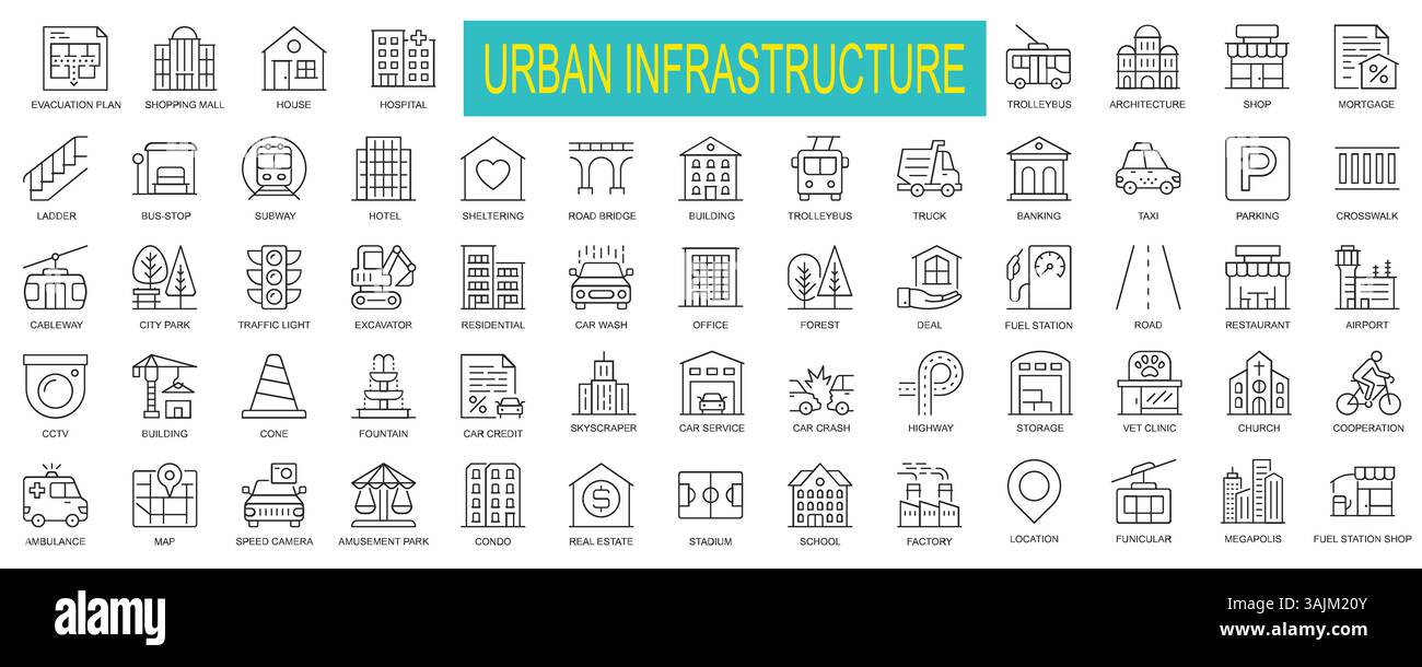 Liniensymbole für städtische Infrastruktur – Stadtplanung, Verkehr und Architektur. Vektorabbildung für UI, Web und Print. Stock Vektor