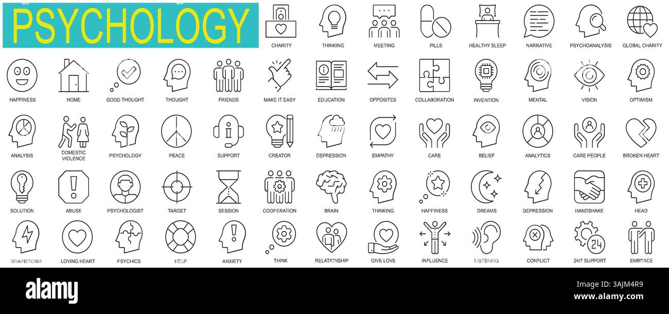 Satz von Psychologie-Websymbolen in dünner Linienform. Paket von Beziehungen, Liebe, Einfluss, Zuhören, Unterstützung, Brainstorming, Angst, Wohltätigkeit, Treffen usw. Stock Vektor