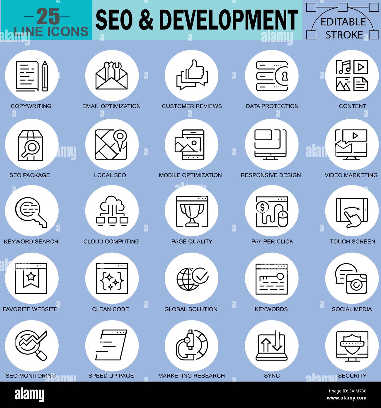 Symbolsatz Für Seo & Marketing Business. Bearbeitbare Kontur. 48 x 48 Pixel perfekt. Suchmaschinenoptimierung. Internet, E-Commerce. Stock Vektor