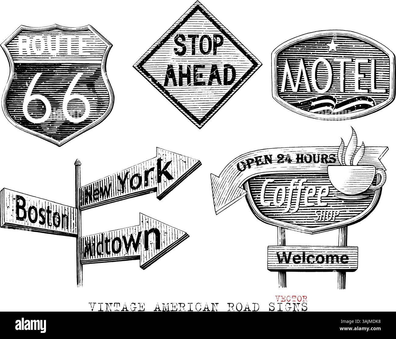 Vintage-amerikanische Straßenschilder, handgezeichnet, schwarz-weiße ClipArt Stock Vektor