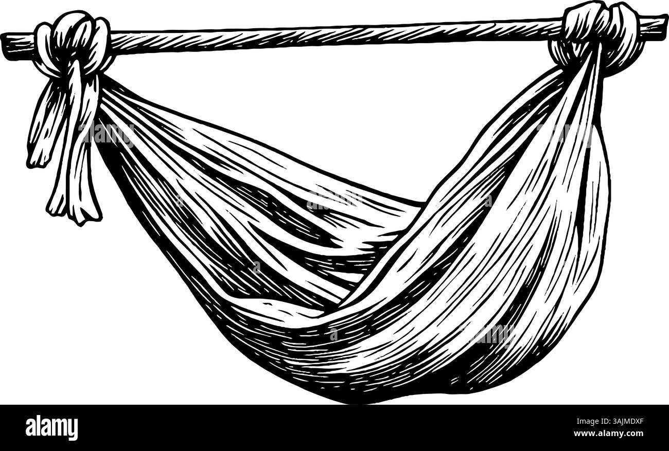 Eine handgezeichnete Illustration einer Hängematte, die an einer Holzstange hängt und die Falten und Textur des Stoffes zeigt. Stock Vektor