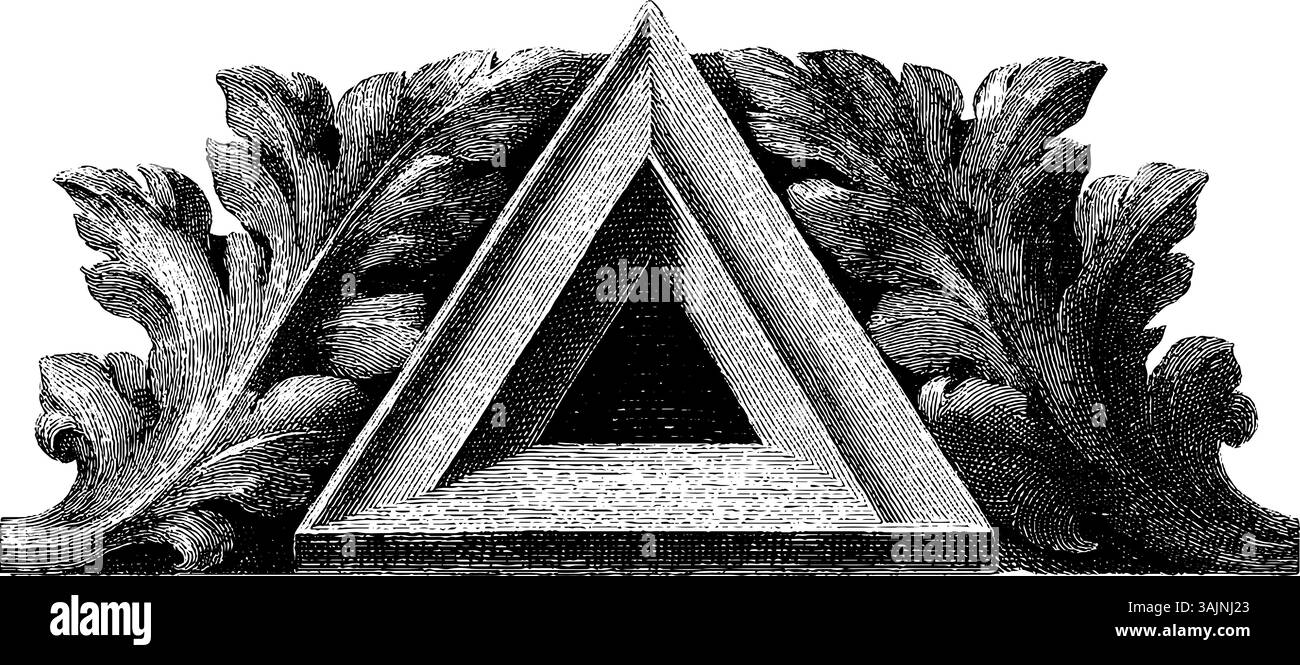 Verziertes Vintage-Dreieck mit kompliziertem Blattdesign in Schwarzweiß. Stock Vektor