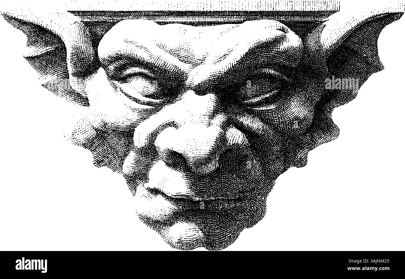 Gargoyle-Skulptur mit komplizierten Details und verwittertem Aussehen. Stock Vektor