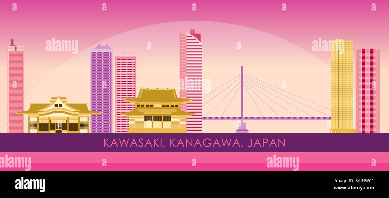 Sonnenuntergang Skyline Panorama der Stadt Kawasaki, Kanagawa, Japan - Vektorillustration Stock Vektor