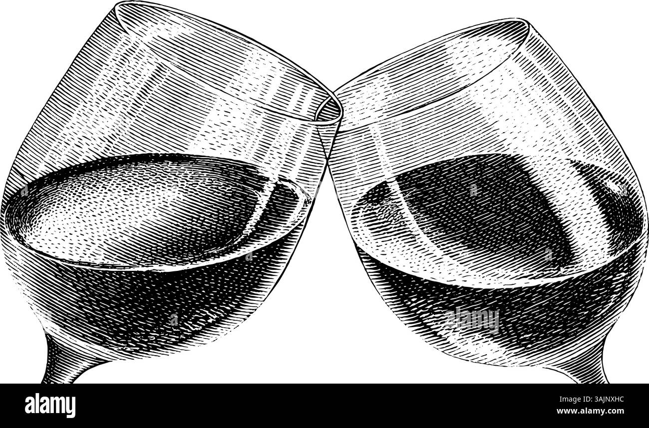 Gravur im Vintage-Stil von zwei toastenden Weingläsern. Stock Vektor