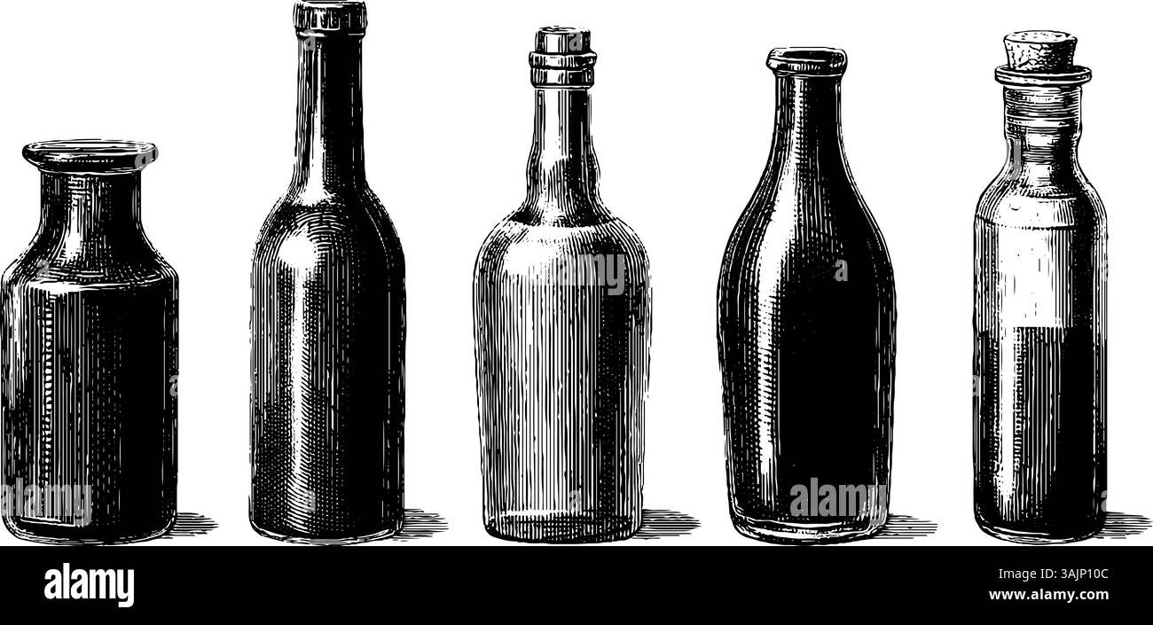 Vintage-Glasflaschen-Kollektion: Klassischer Stil des 19. Jahrhunderts. Stock Vektor