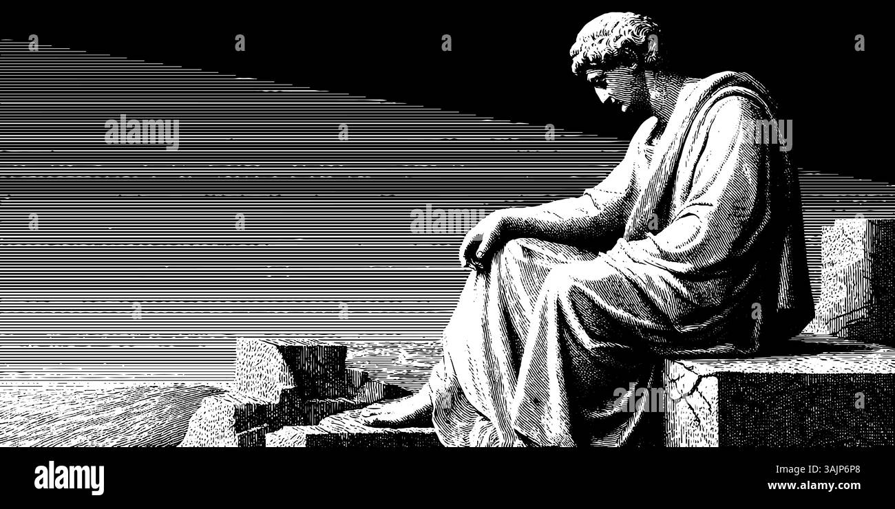 Antike Denkerin im schwarz-weißen Ätzstil. Stock Vektor