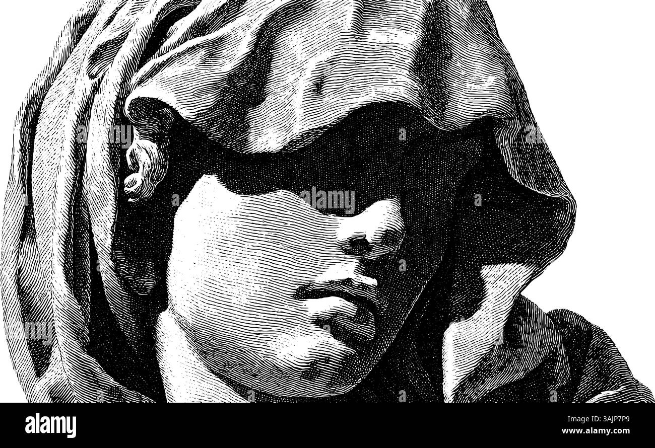Graviertes Porträt einer Frau im Schatten mit Kapuzenmantel: Klassische Kunst und Ausdruck. Stock Vektor