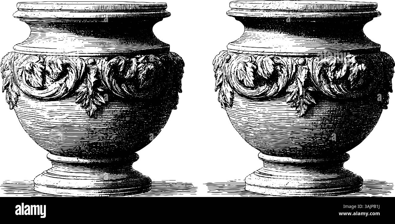 Vintage verzierte Vasen mit komplizierten Blattmustern in schwarz-weißer Illustration. Stock Vektor