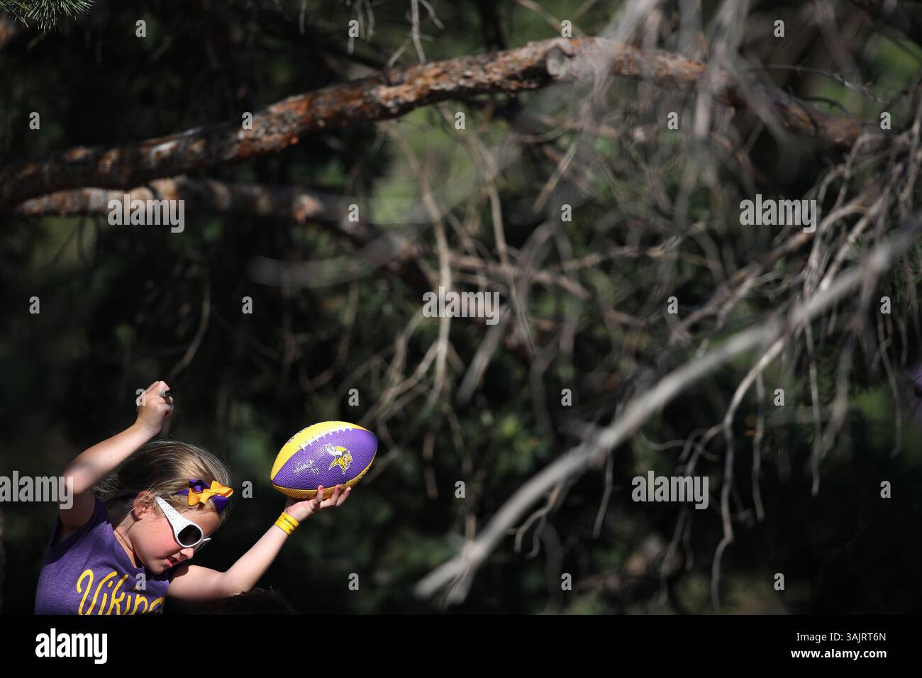 29. Juli 2017 - Mankato, MN, USA - Allison Ditlevson, 4, sitzt auf den Schultern ihres Vaters Cameron Ditlevson und versucht am Samstag, 29. Juli 2017, Autogramme an der Minnesota State University Mankato in Mankato zu bekommen (Kreditbild: © Jerry Holt/TNS via ZUMA Wire) Stockfoto