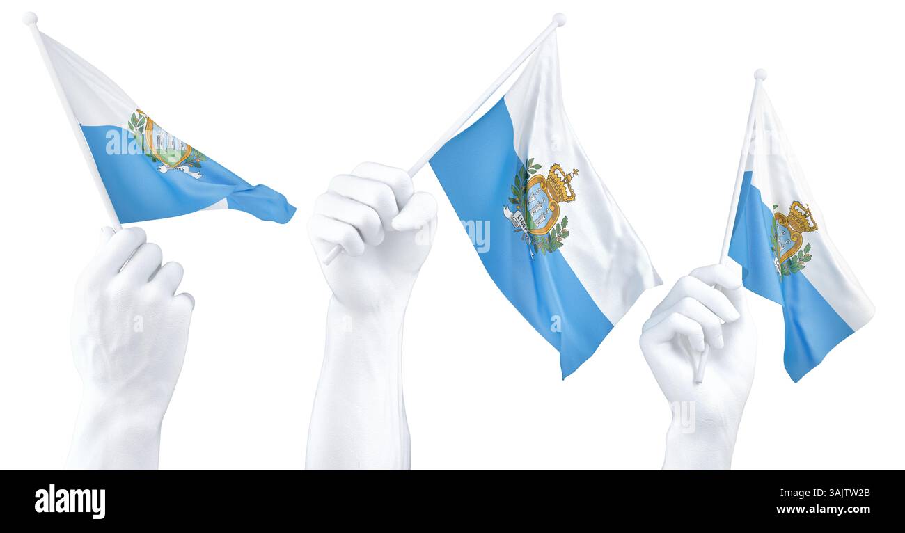 Handflagge von San Marino. Isoliertes 3D-Rendering. Stockfoto Handflagge von San Marino. Isoliertes 3D-Rendering. Stockfoto