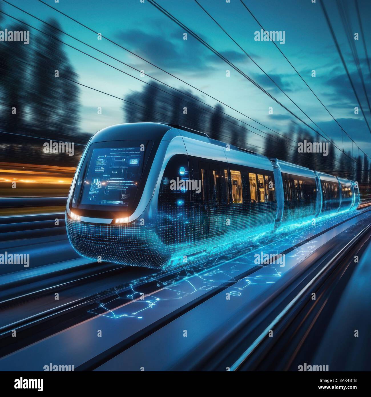 Ein futuristischer Zug rastet durch eine mit Technologie angereicherte Landschaft und präsentiert eine Mischung aus digitalen Elementen und fortschrittlichem Design. Die Szene spiegelt Innov wider Stockfoto