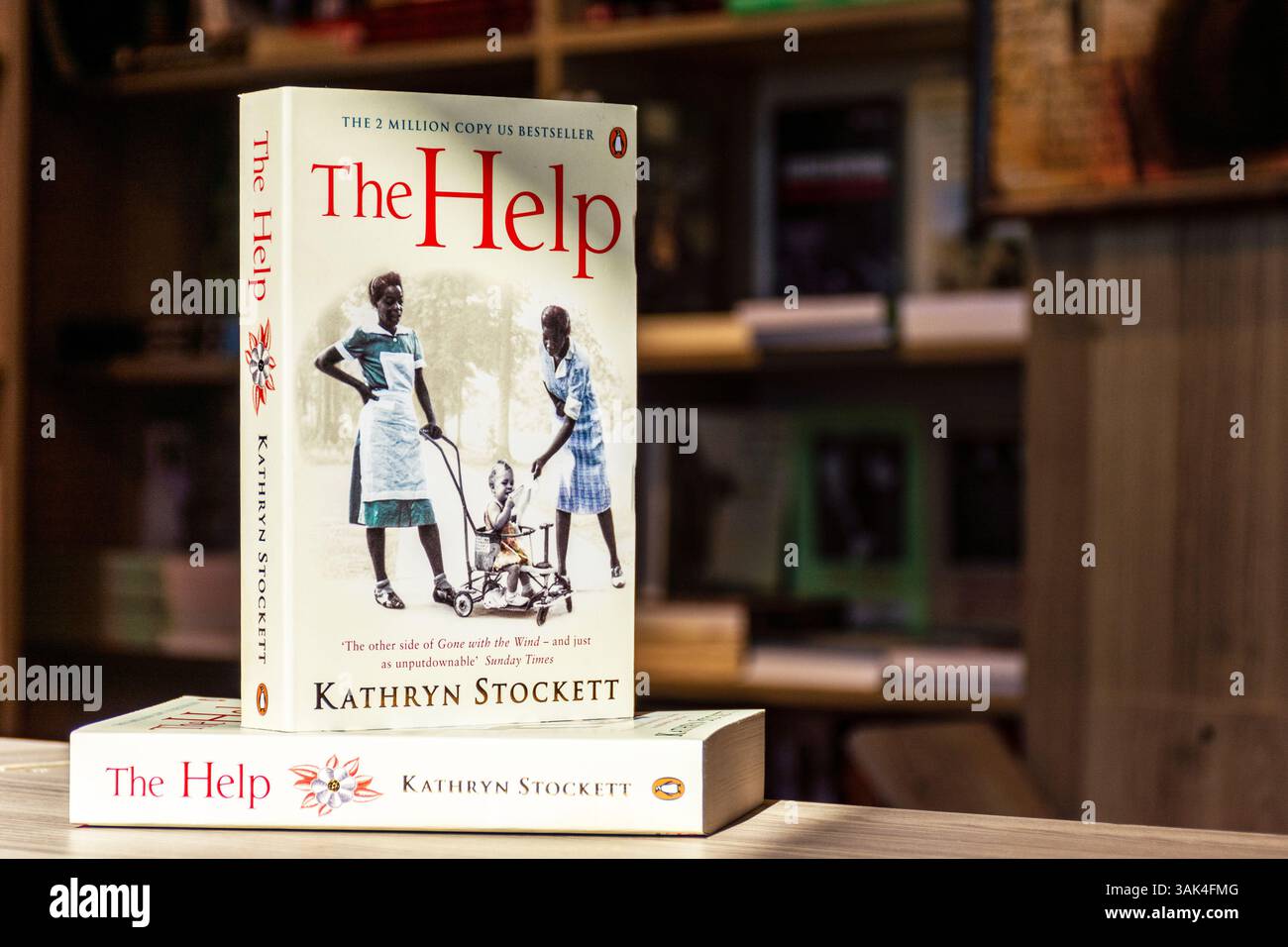 Nahaufnahme von Kathryn Stocketts The Help Roman im Buchladen. Stockfoto