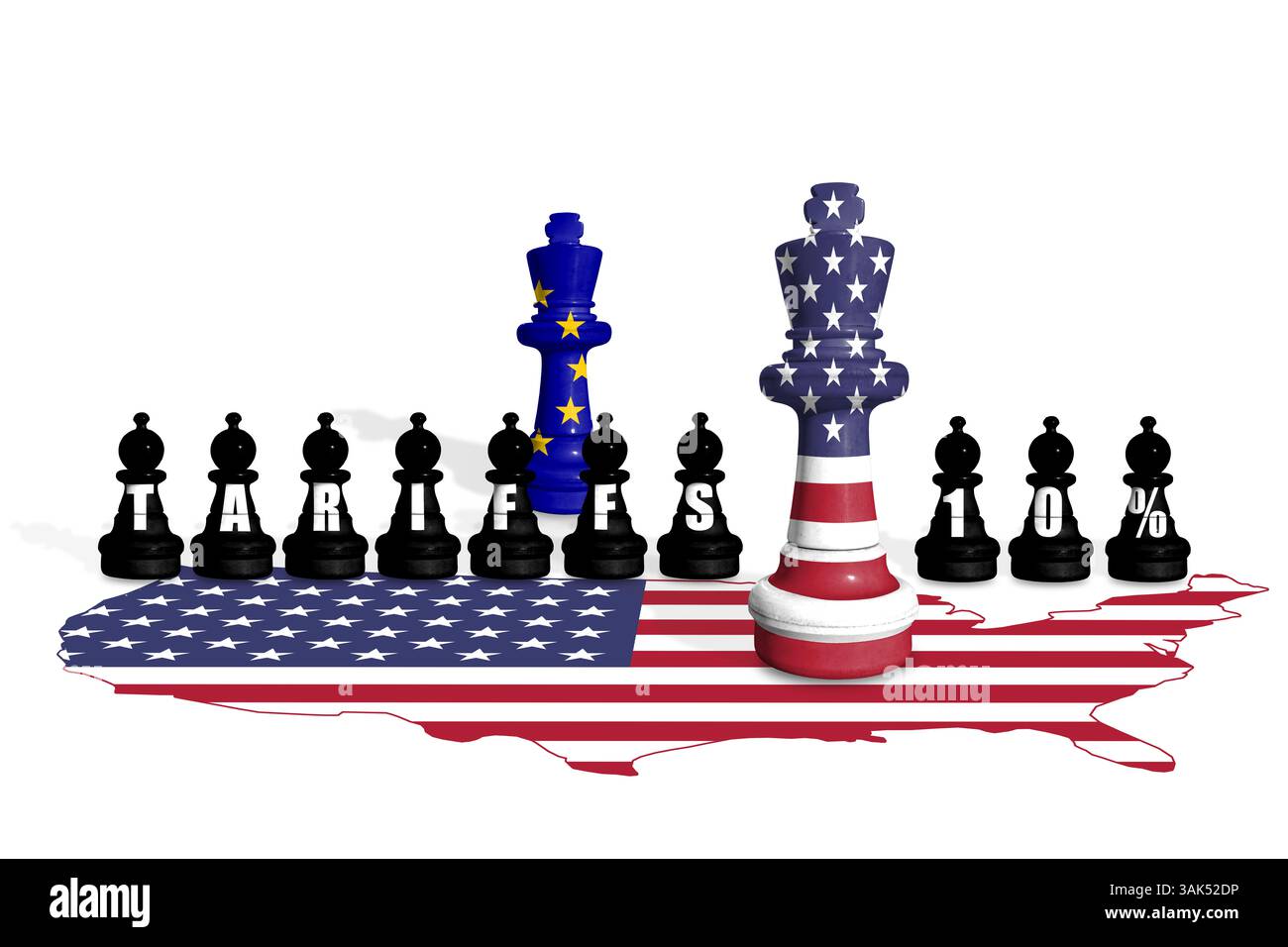 Schach aus USA- und EU-Flaggen. Handel, Zölle, Zölle und Zölle zwischen DEN USA und der EU Stockfoto