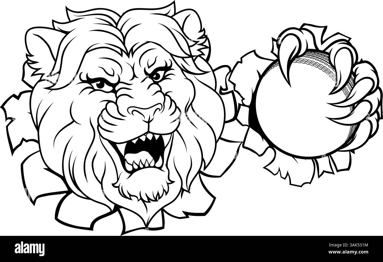 Löwen-Cricket-Ball-Tiersport-Maskottchen Stock Vektor