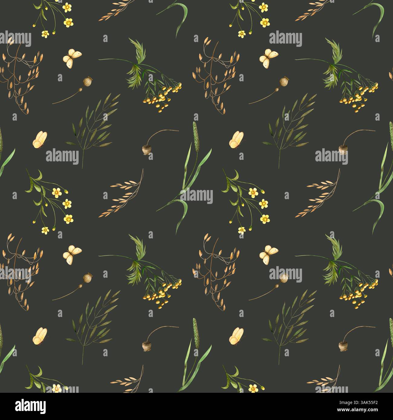 Muster wilde Feldkräuter, Schmetterlinge. Aquarellabbildung auf dunkelgrünem Hintergrund handgezeichnet. Nahtlos bedruckte Wiesenpflanzen für Stoff und Kleidung Stockfoto