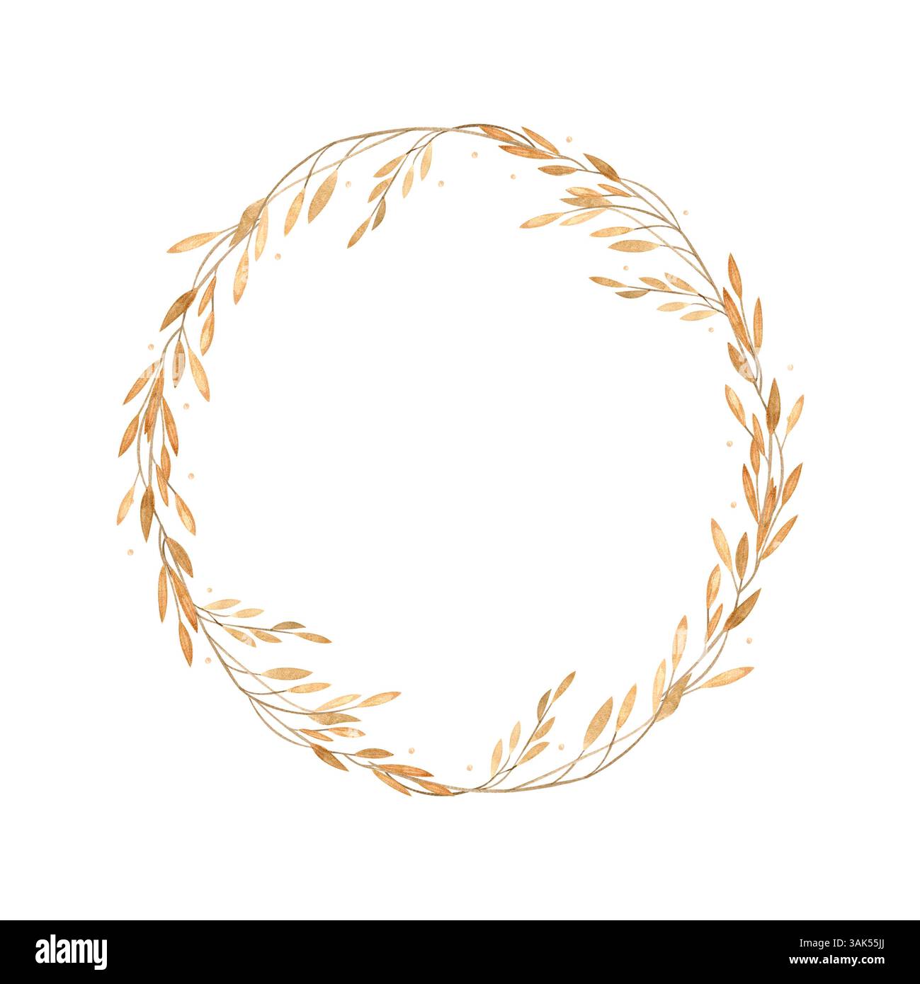 Aquarellkranz-Illustration von Weizenohren, Wildkraut. Rahmen Runde Hand gezeichnet in Vintage Gold Farbe auf isoliertem Hintergrund für Postkarte Stockfoto