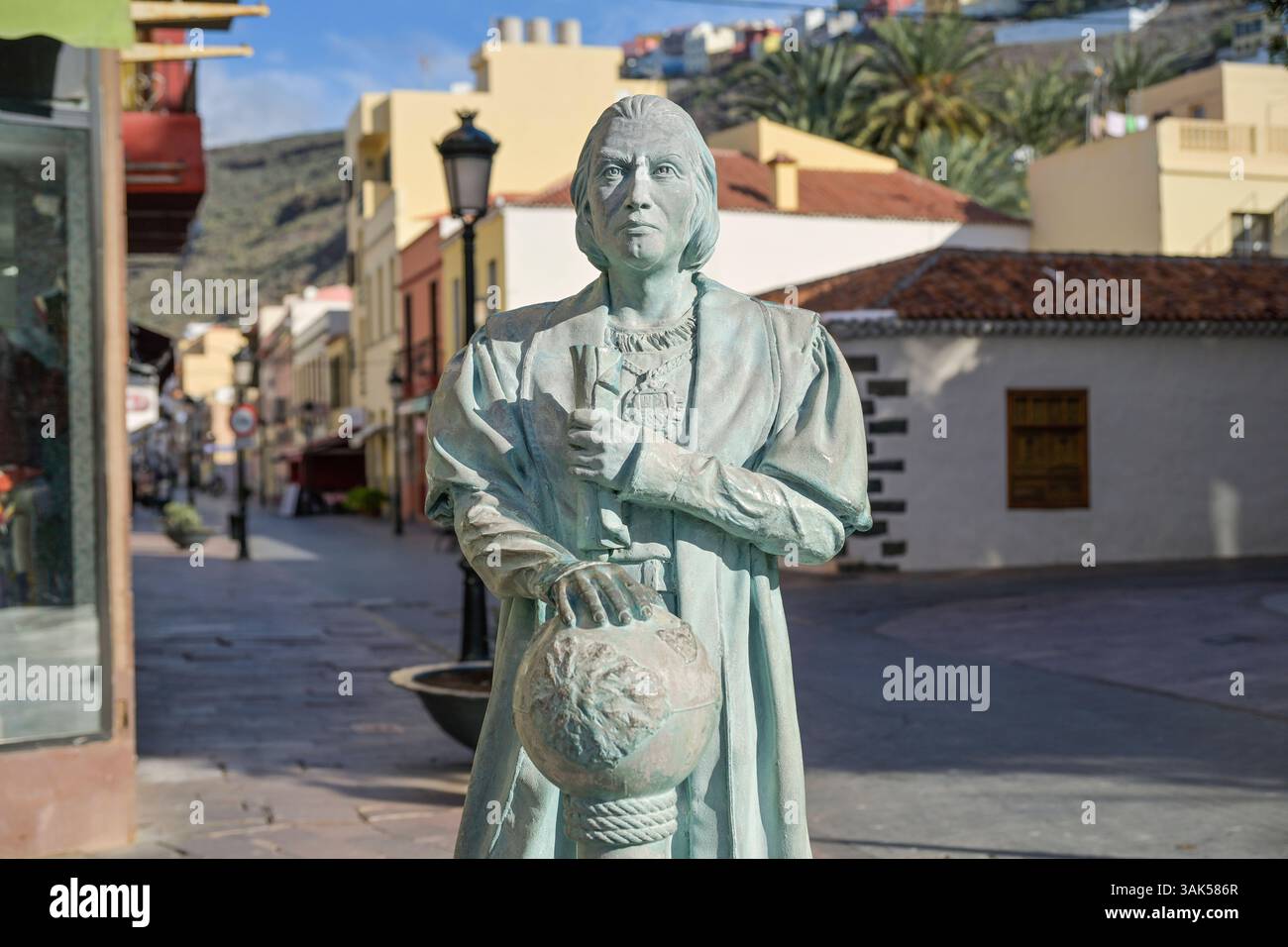 Statue von Christoph Kolumbus, San Sebastian de La Gomera, La Gomera, Spanien *** Statue von Christoph Kolumbus, San Sebastian de La Gomera, La Gomera, Spanien Stockfoto