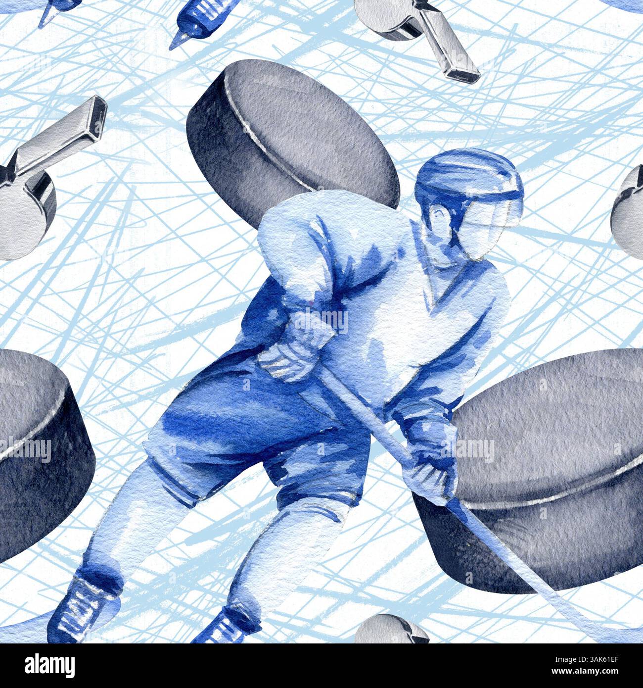 Eishockeyspieler mit Stöcken in Bewegung mit einem Puck auf dem Hintergrund eines blauen Aquarellflecks und Skatebahnen auf dem Eis, handgezeichnete Illustration, Wat Stockfoto