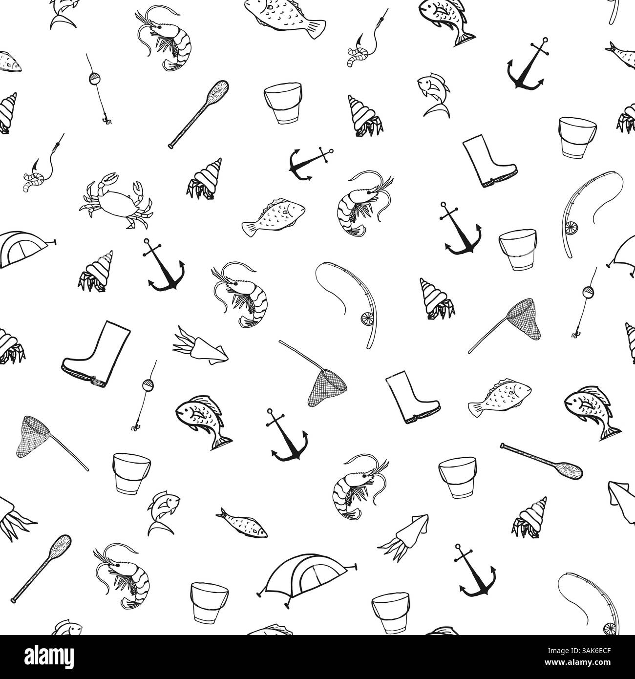 Vektor-nahtloses Fangmuster, das eine Angelrute darstellt Stock Vektor