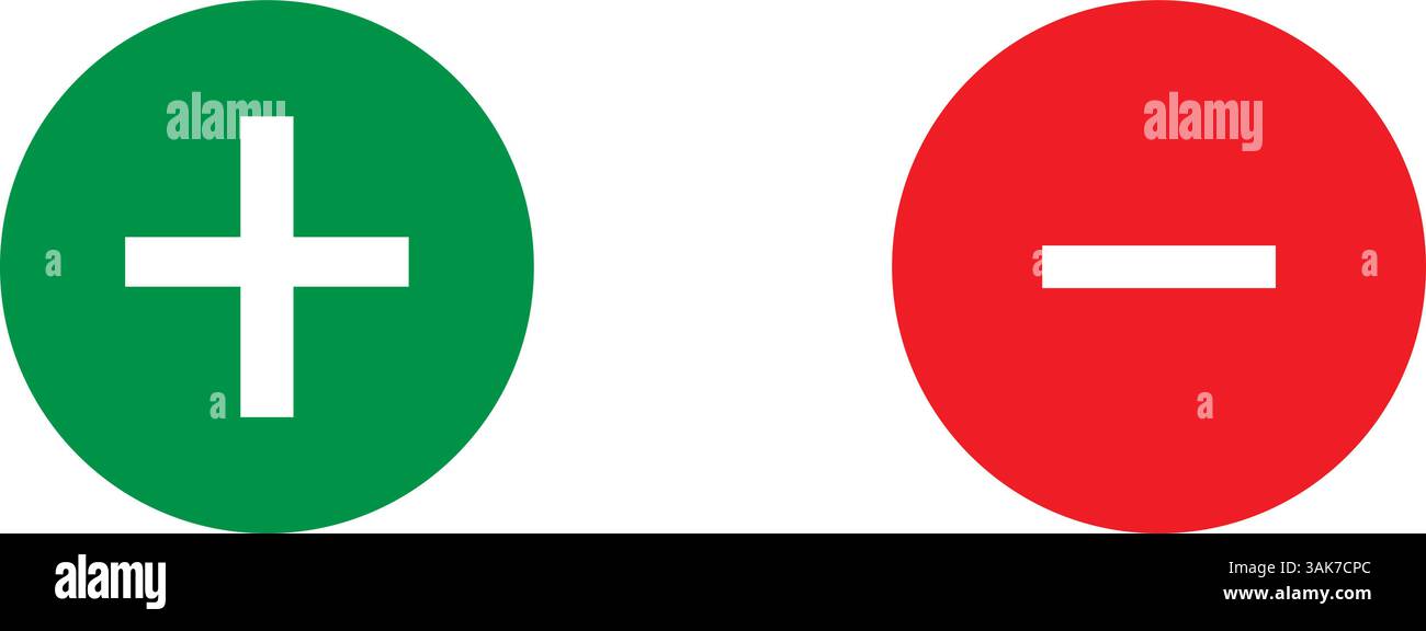 Runde Schaltflächensymbole hinzufügen und entfernen. Kreisförmige Plus- und Minus-Symbole für UI-Design, Vektorillustration. Stock Vektor