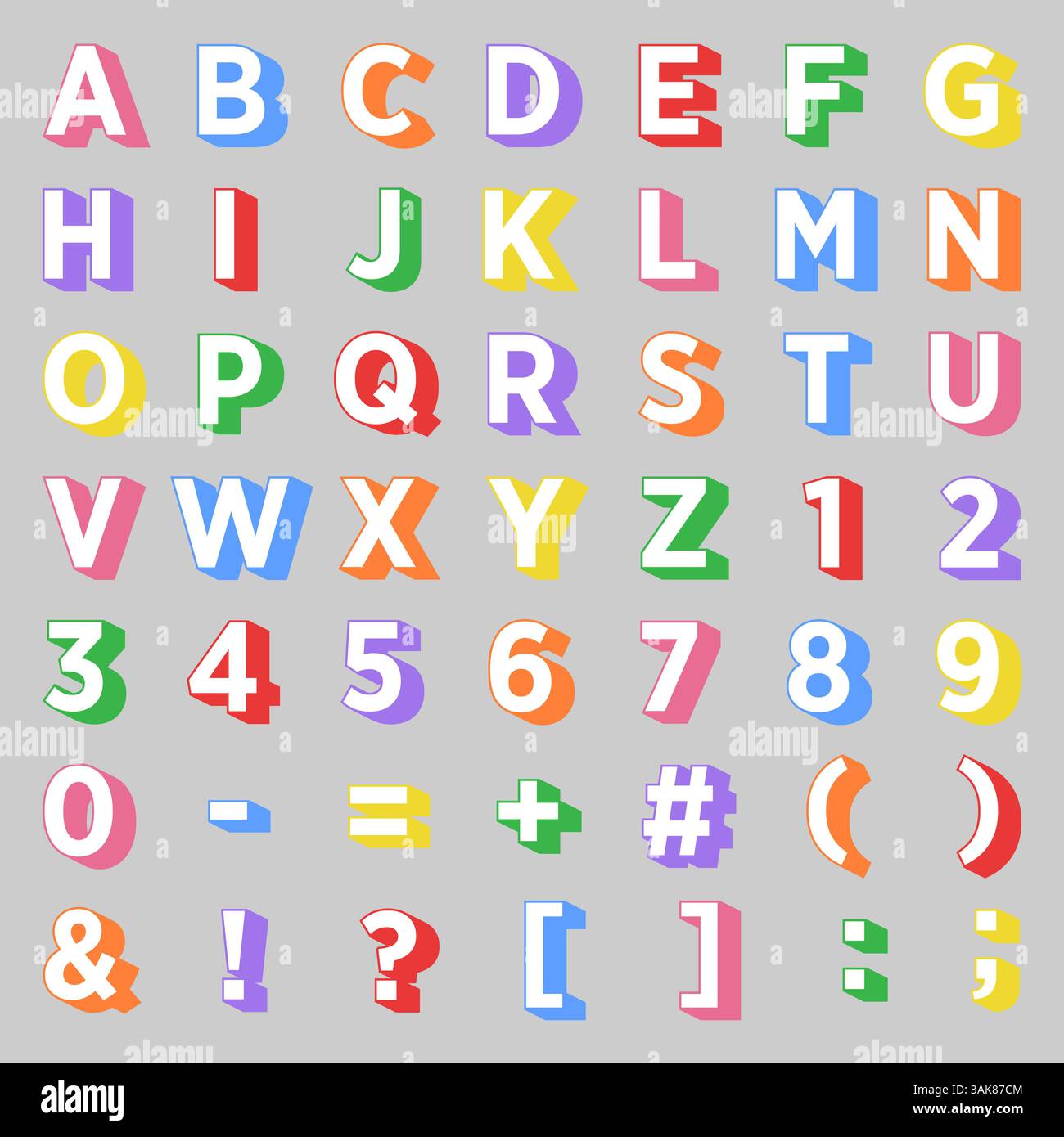 Vektoralphabet mit Buchstaben und Symbolen im 3D-Stil, mehrfarbig für Schule und Unterricht Stock Vektor