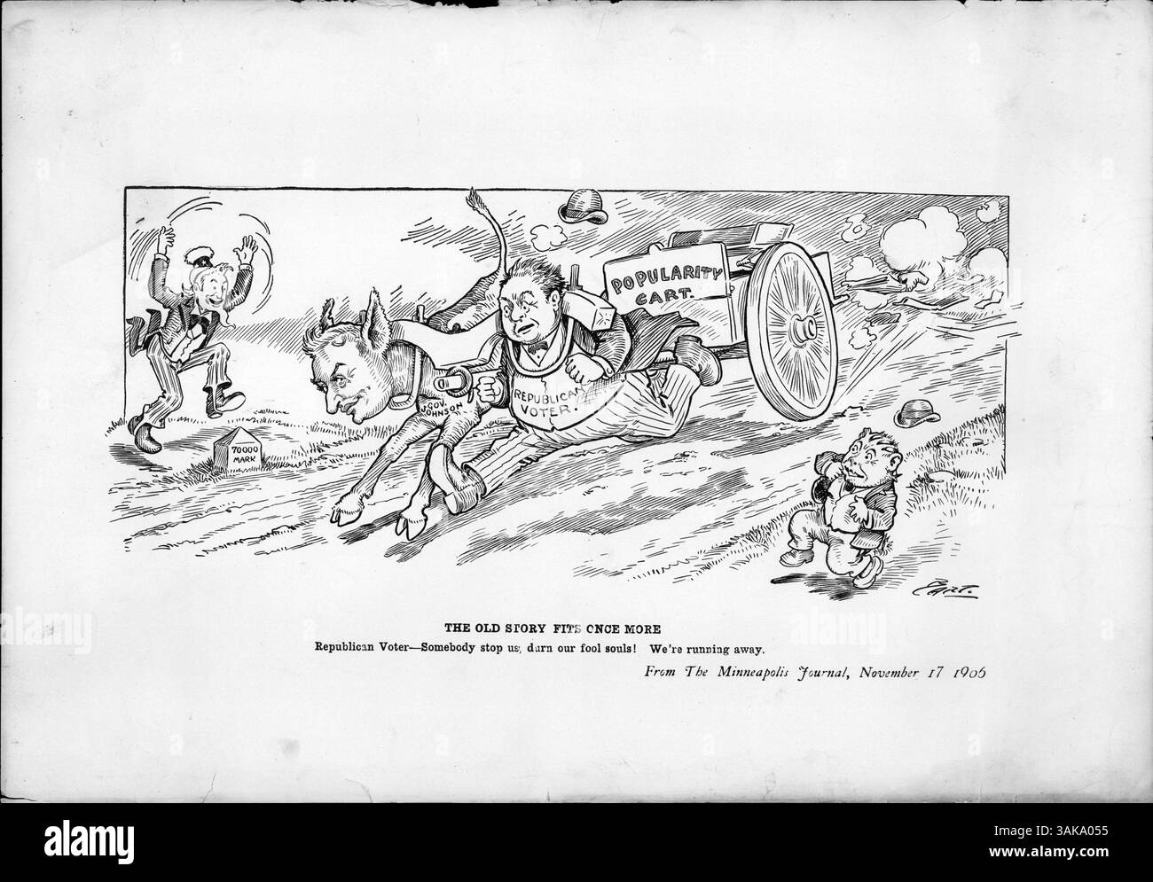 Gouverneur Johnson, ein Demokrat, wird dargestellt, wie er die Wiederwahl in Minnesota mit einer Marge von 70.000 Stimmen gewann. Der politische Cartoon zeigt auf humorvolle Weise Johnson, der den „Republikanischen Wähler“ und den „Popularität Cart“ zieht. Das Bild betont den Erdrutschsieg und die politische Dynamik. Stockfoto