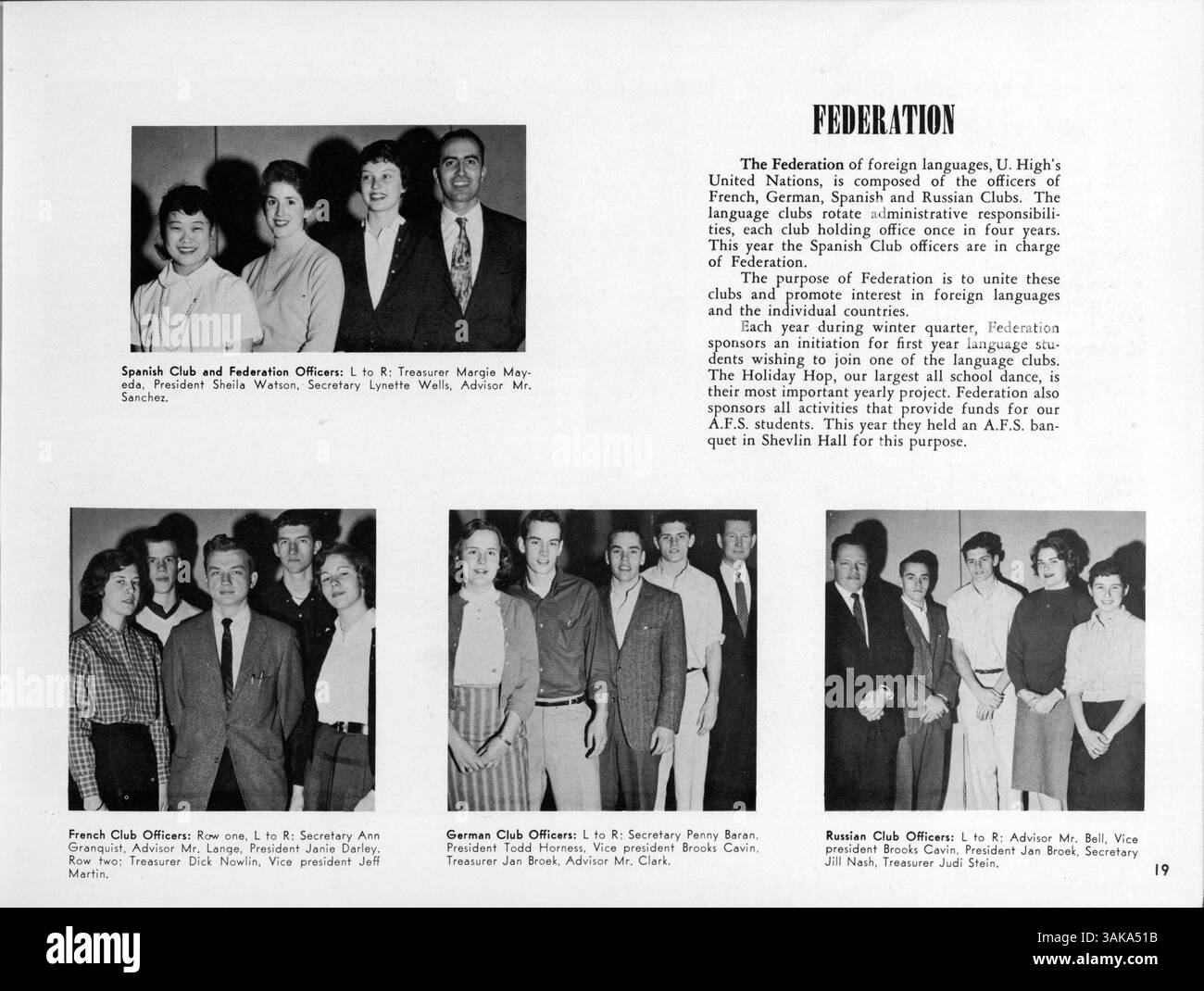 Das High Yearbook 1959 der Universität präsentiert eine visuelle Aufzeichnung des Schuljahres 1958-1959 mit Bildern von Studenten, Lehrkräften und großen Ereignissen. Stockfoto