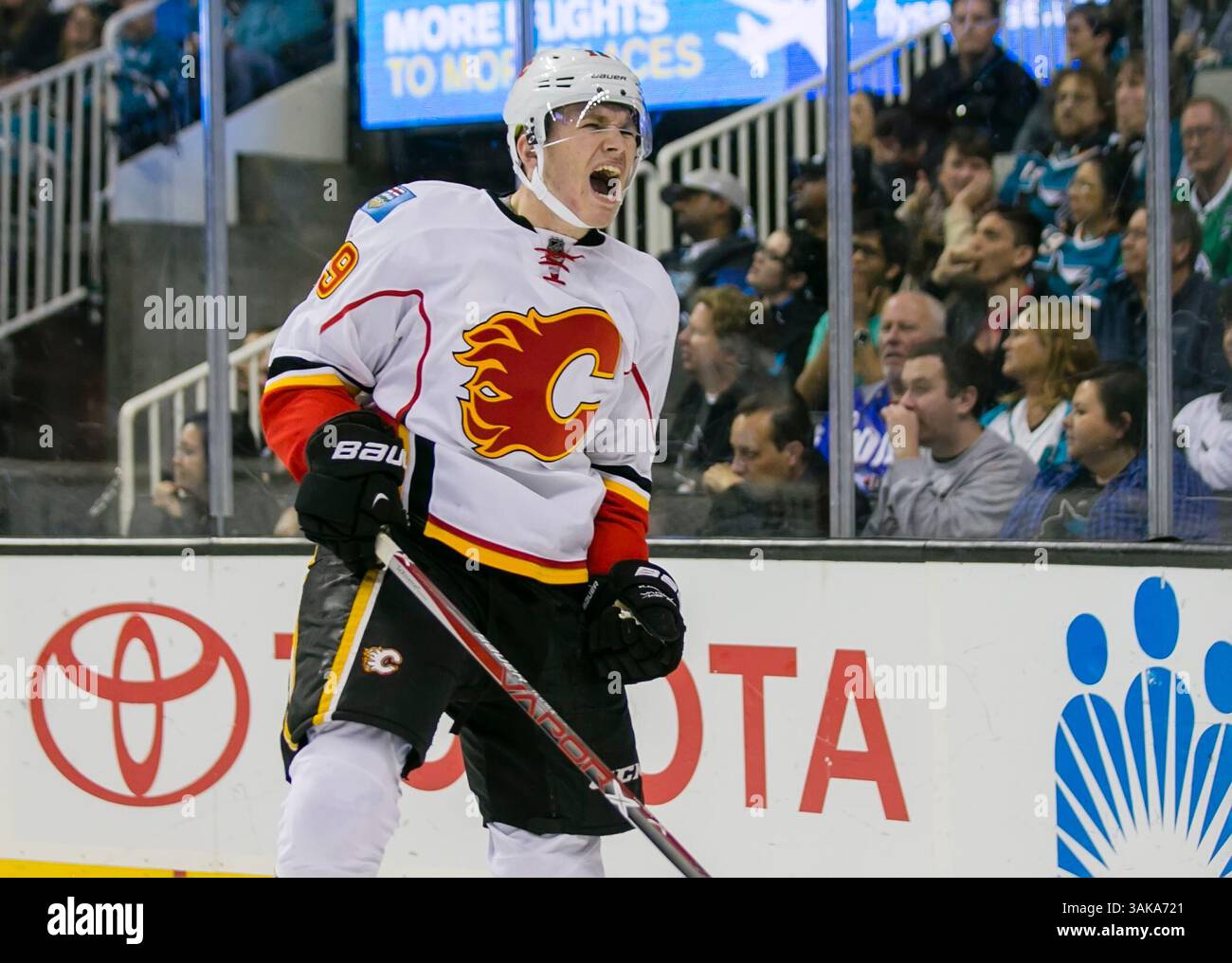 3. November 2016: Matthew Tkachuk (19) feiert das Tor im NHL-Hockeyspiel zwischen den Calgary Flames und den San Jose Sharks im SAP Center in San Jose, CA. Die Sharks verloren gegen die Flames mit 3:2. Damon Tarver/Cal Sport Media (Kreditbild: &Copy; Damon Tarver/CSM via ZUMA Wire) Stockfoto