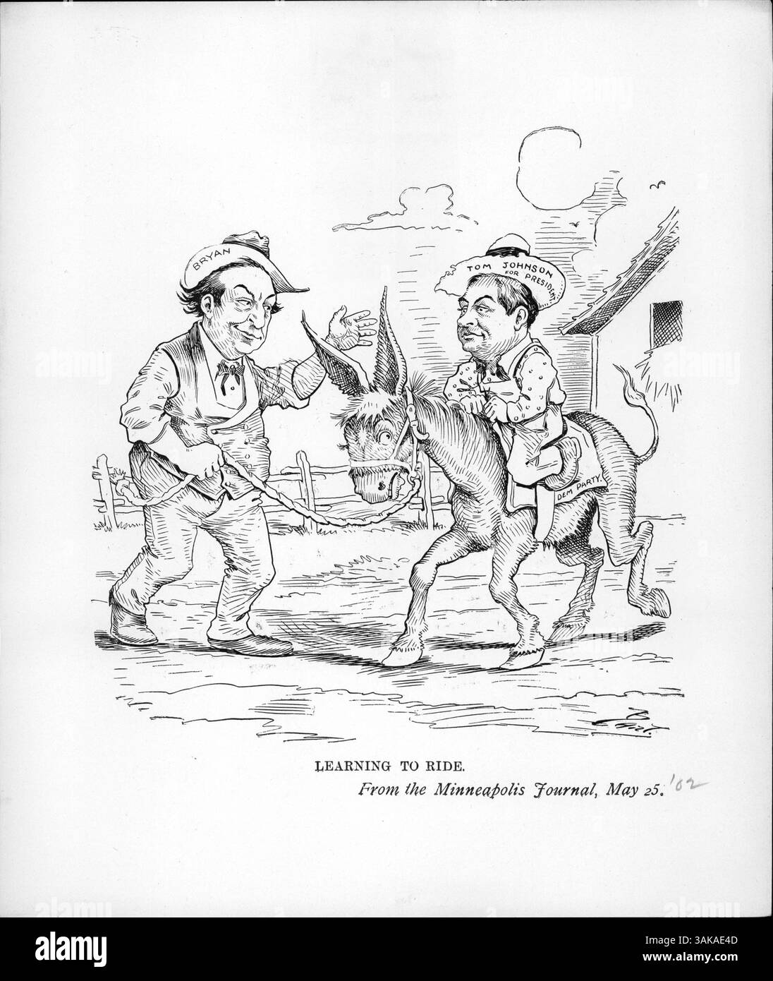 Ein politischer Cartoon zeigt Bryan, der den Esel der Demokratischen Partei anführt, während Tom Johnson sitzt und einen Hut trägt, der „Tom Johnson für den Präsidenten“ erklärt. Der Zeichentrick reflektiert Johnson als möglichen Nachfolger Bryans bei den Präsidentschaftswahlen. Stockfoto