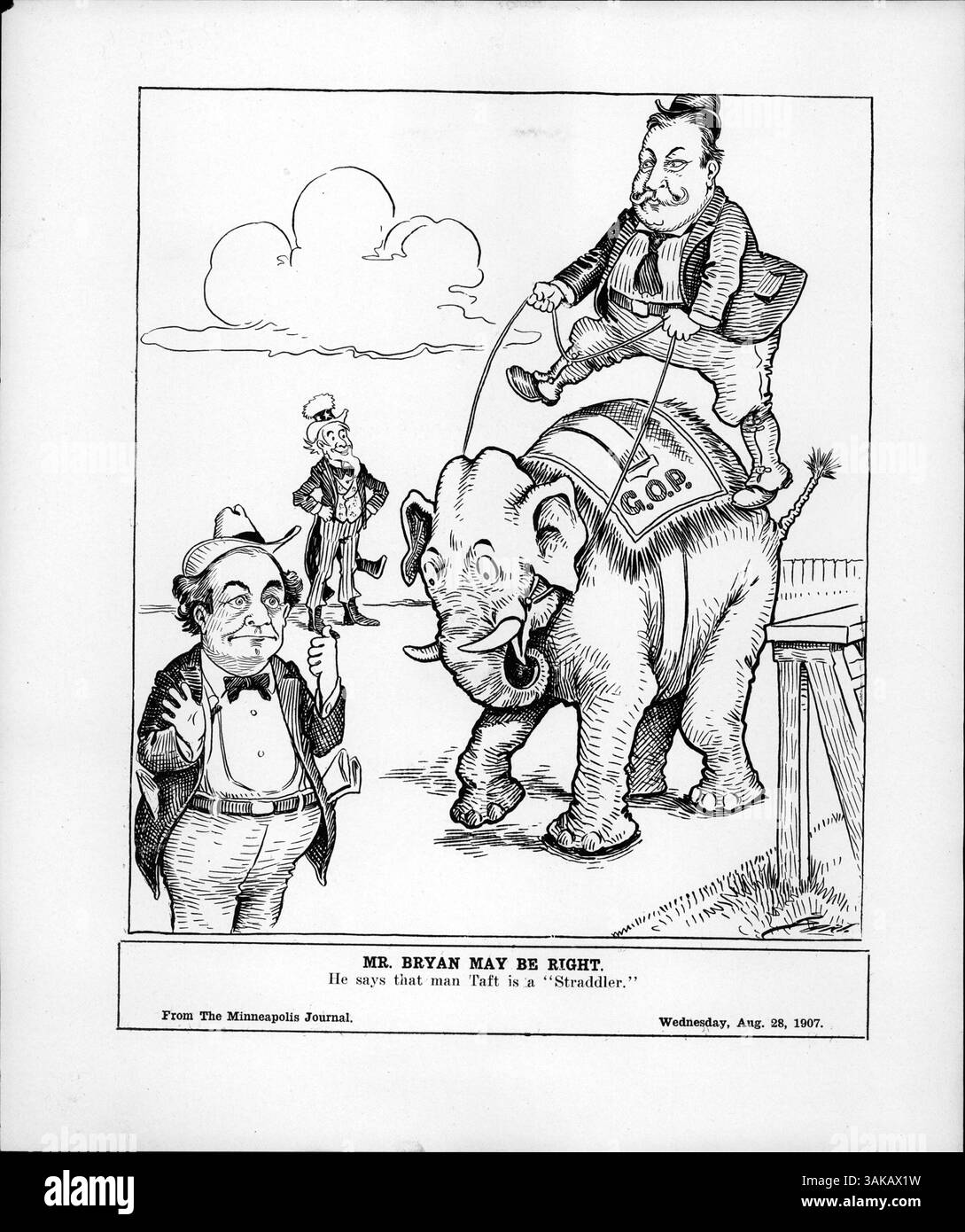 Die Illustration zeigt William Jennings Bryan, der Taft zuwendet und ihn beschuldigt, ein „Straddler“ zu sein. Bryan behauptete, dass es an Taft an Klarheit mangelt, während Taft für die republikanische Nominierung an Dynamik gewann. Stockfoto Die Illustration zeigt William Jennings Bryan, der Taft zuwendet und ihn beschuldigt, ein „Straddler“ zu sein. Bryan behauptete, dass es an Taft an Klarheit mangelt, während Taft für die republikanische Nominierung an Dynamik gewann. Stockfoto
