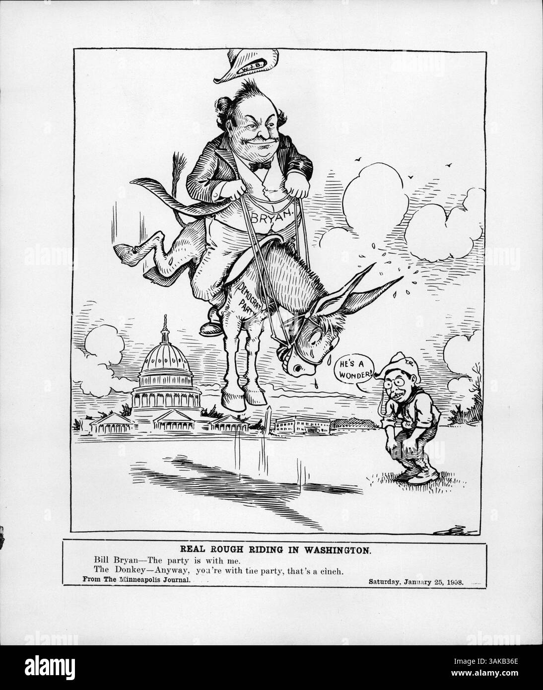 Der Zeichentrick mit dem Titel „Real Rough Riding in Washington“ zeigt Bryan, der auf einem abstoßenden demokratischen Esel reitet, während Teddy Roosevelt zusieht und kommentiert: „Er ist ein Wunder“. Sie bezieht sich auf das politische Klima der damaligen Zeit, einschließlich eines Treffens der demokratischen Führer, um das Präsidentschaftswettlauf zu diskutieren und Bryan zu bitten, sich zugunsten eines anderen Kandidaten zurückzuziehen. Die Bildunterschrift zeigt humorvoll den Kampf um die politische Ausrichtung. Stockfoto Der Zeichentrick mit dem Titel „Real Rough Riding in Washington“ zeigt Bryan, der auf einem abstoßenden demokratischen Esel reitet, während Teddy Roosevelt zusieht und kommentiert: „Er ist ein Wunder“. Sie bezieht sich auf das politische Klima der damaligen Zeit, einschließlich eines Treffens der demokratischen Führer, um das Präsidentschaftswettlauf zu diskutieren und Bryan zu bitten, sich zugunsten eines anderen Kandidaten zurückzuziehen. Die Bildunterschrift zeigt humorvoll den Kampf um die politische Ausrichtung. Stockfoto