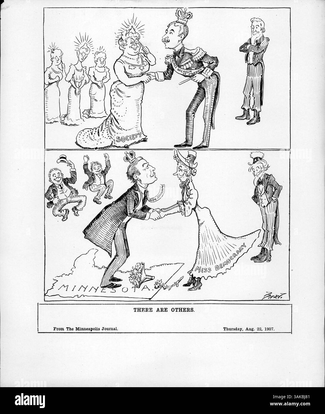 Dieses Kunstwerk zeigt Prinz Wilhelm von Schweden, der die Hand der Gesellschaft küsst, während Gouverneur Johnson von Minnesota die Hände von Miss Democracy hält. Das Stück spiegelt die Prominenz beider Persönlichkeiten in dieser Zeit wider, wobei Wilhelm die Vereinigten Staaten besuchte und Johnson ein potenzieller Kandidat für den demokratischen Präsidentschaftskandidat war. Stockfoto