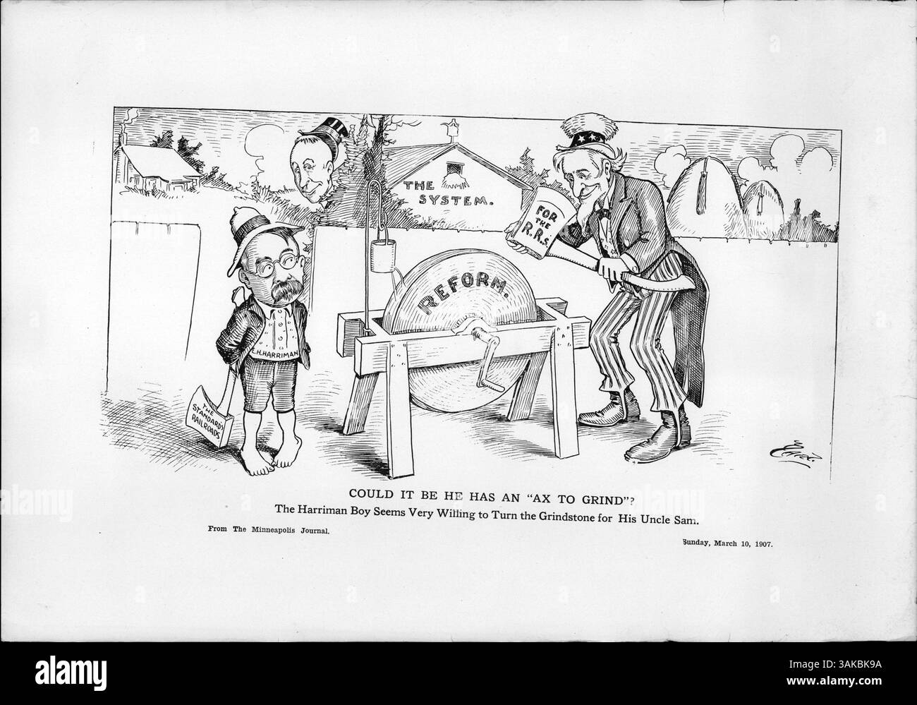 Der politische Zeichentrick mit dem Titel „Could IT IT Be an Axt to Grind?“ Humorvoll kritisiert E.H. Harrimans reformistische Haltung und schlägt vor, dass seine Vorschläge hauptsächlich auf Konkurrenten wie John D. Rockefeller abzielen, anstatt umfassendere Eisenbahnfragen zu behandeln. Stockfoto