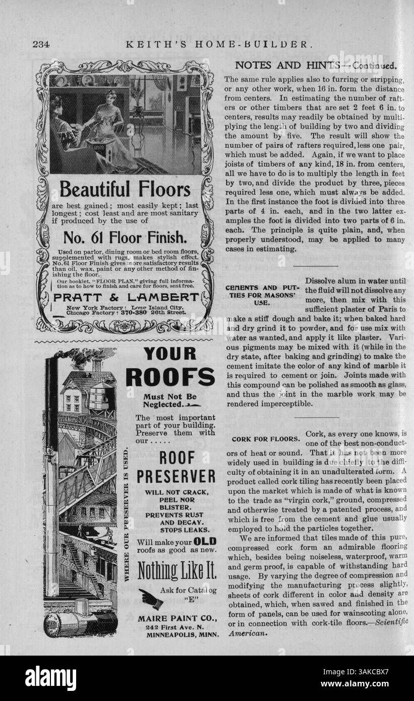 Eine Serie von zwölf monatlichen Ausgaben von *Keith's Home-Builder* aus dem Jahr 1900, herausgegeben von Walter J. Keith. Dieses Magazin enthält Hausentwürfe, Grundrisse und detaillierte Beschreibungen mit Baukosten. Zu den Themen gehören auch Artikel über Wohnbau, Inneneinrichtung und Landschaftsgestaltung sowie Fotografien, Illustrationen, und Werbung für Möbel, Accessoires und Baumaterialien. Einige Ausgaben enthalten Pläne für Schulen, Kirchen und andere Strukturen. Stockfoto