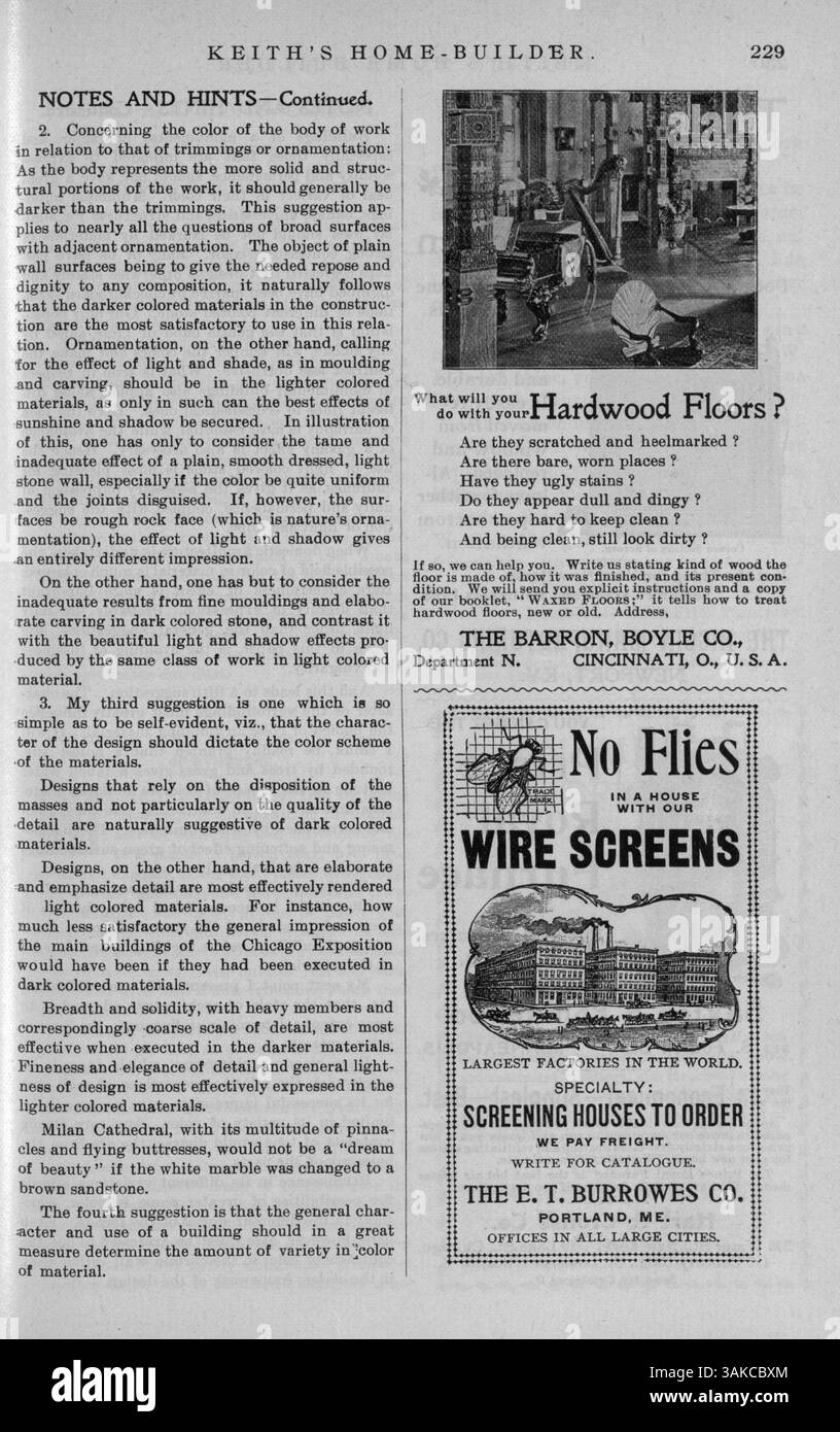 Eine Serie von zwölf monatlichen Ausgaben von *Keith's Home-Builder*, herausgegeben von Architekt Walter J. Keith im Jahr 1900. Das Magazin zeigt Illustrationen, Grundrisse und Fotografien aus verschiedenen Architekturstilen der Zeit. Jede Ausgabe enthält Kostenvoranschläge, detaillierte Designbeschreibungen und Artikel über Wohngebäude, Inneneinrichtung und Landschaftsgestaltung mit Werbung für Baumaterialien, Möbel und Accessoires. Einige Ausgaben enthalten auch Pläne für Kirchen und Schulen. Stockfoto