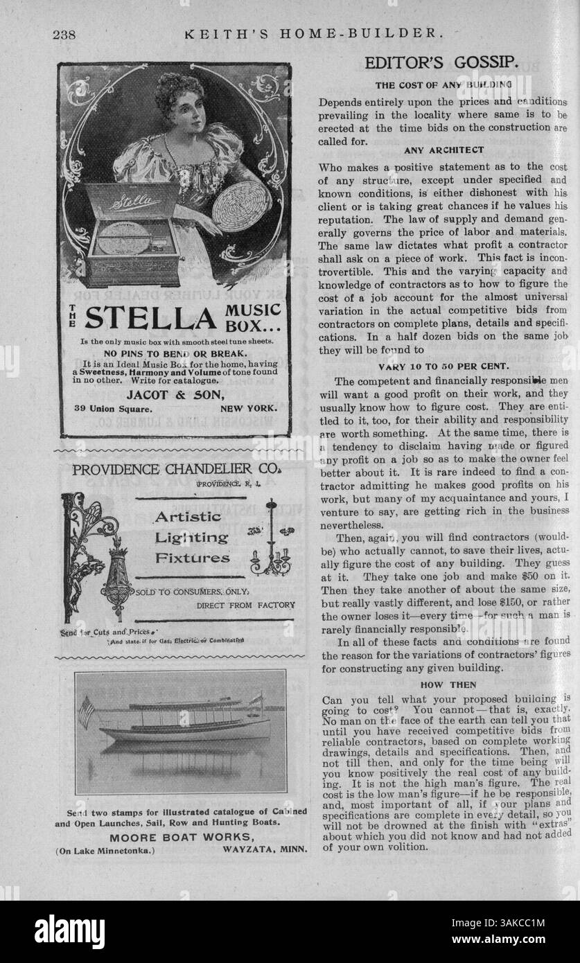 Die Serie von 12 Ausgaben von *Keith's Home-Builder*, die 1900 vom Architekten Walter J. Keith veröffentlicht wurde, präsentiert eine Reihe von Wohnentwürfen mit Grundrissen, Baukosten und detaillierten Beschreibungen. Das Magazin enthält Illustrationen und Fotos von Häusern sowie Artikel über Wohnbau, Inneneinrichtung und Landschaftsgestaltung. Werbung für Möbel, Accessoires und Baumaterialien, einige Ausgaben betreffen Pläne für Kirchen und Schulen. Stockfoto