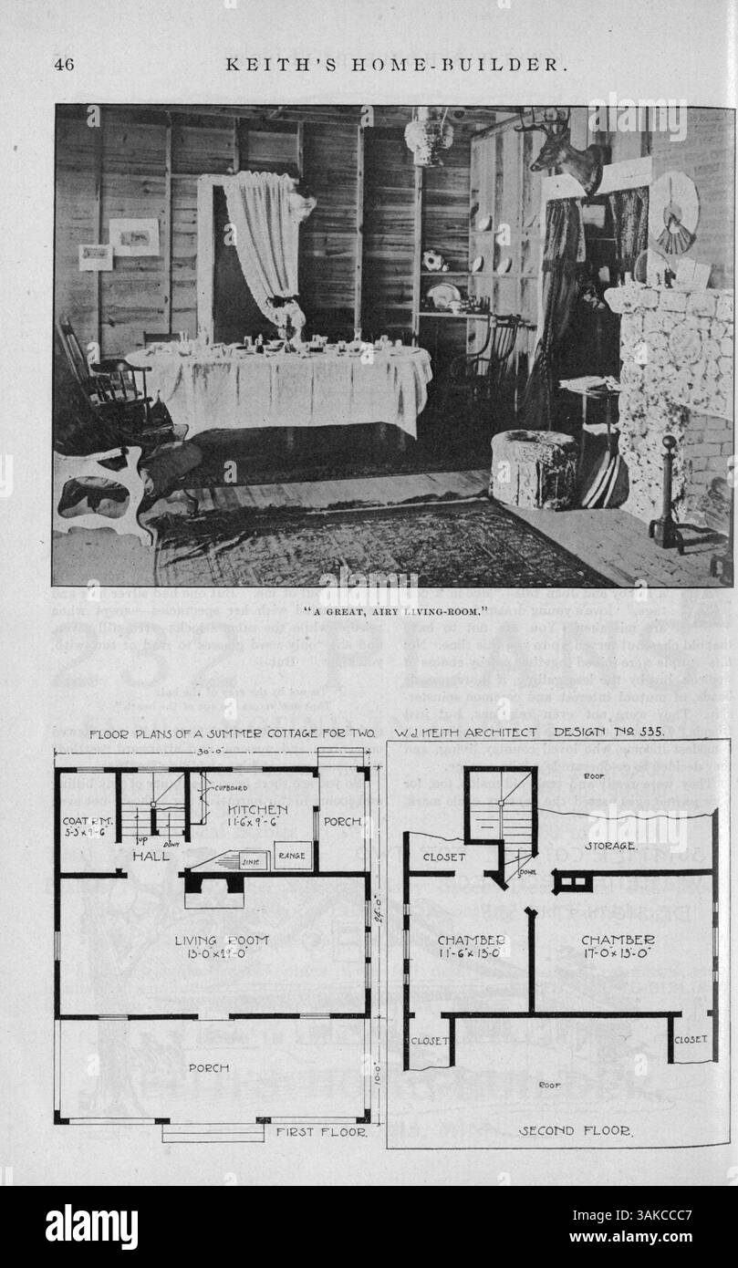 Das Keith's Home-Builder Magazin, das erstmals 1900 veröffentlicht wurde, bietet architektonische Entwürfe und Artikel über das Bauen von Häusern. Es umfasst Grundrisse, Gebäudebeschreibungen und Kostenschätzungen für Wohnhäuser, Schulen und Kirchen sowie Ideen für die Innenarchitektur und Landschaftsgestaltung. Stockfoto