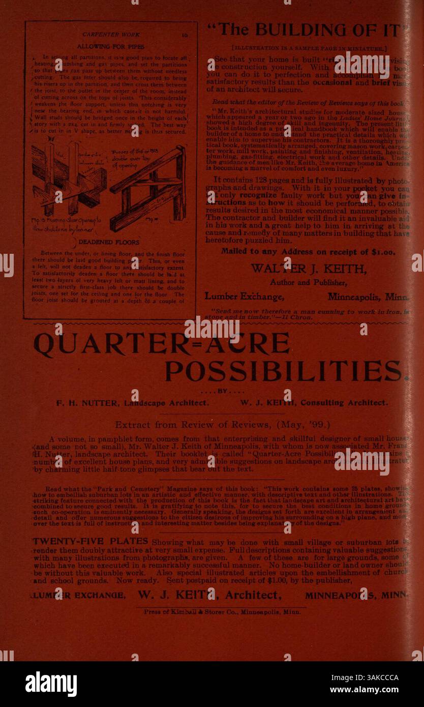 Das 1900 erschienene Home-Builder-Magazin von Keith präsentiert monatliche Ausgaben mit Entwürfen für Häuser, Kirchen, Schulen und andere Gebäude. Mit detaillierten Grundrissen, Fotografien und Beschreibungen bietet es einen Einblick in die architektonischen Trends der frühen 1900er Jahre sowie Kostenvoranschläge und Artikel über Wohngebäude und Einrichtung. Stockfoto