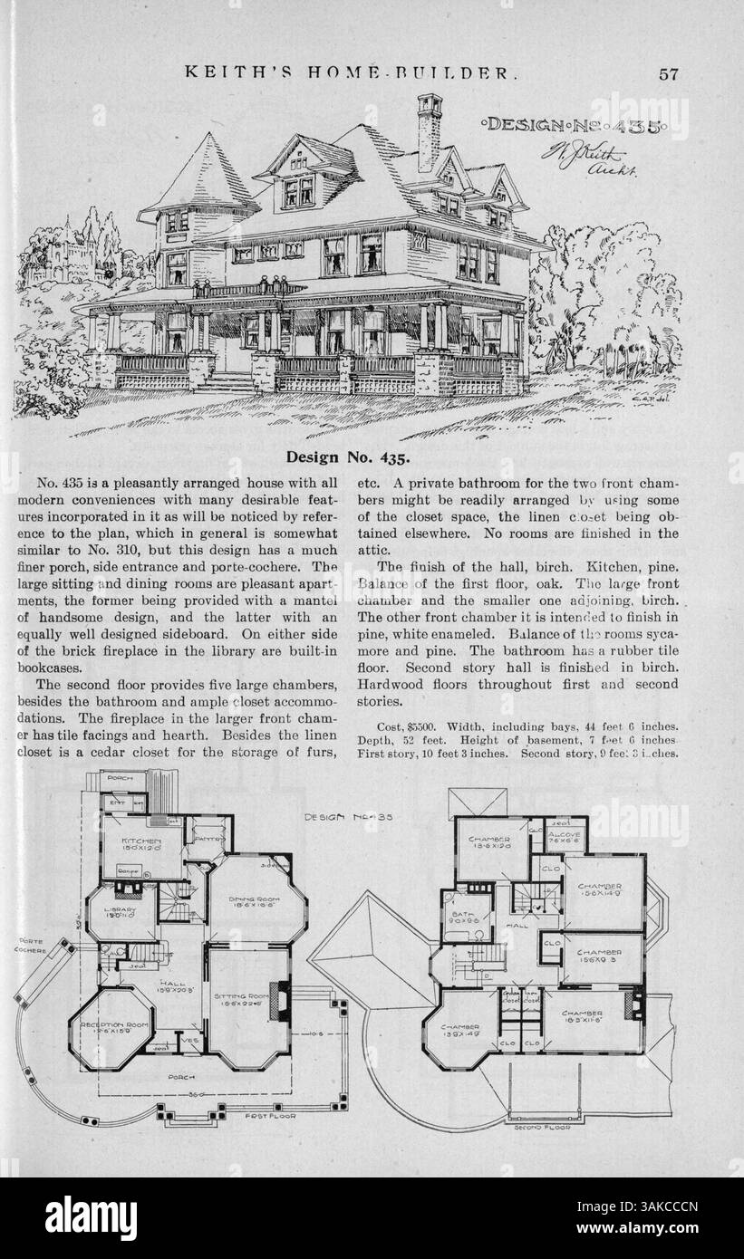 Zwölf Ausgaben von Keith's Home-Builder, herausgegeben von Walter J. Keith, liefern Hausentwürfe, Fotografien und Grundrisse sowie Artikel über Inneneinrichtung, Wohnbau und Landschaftsgestaltung. Das Magazin enthält auch Werbung für Baumaterialien, Wohnmöbel und Accessoires. Stockfoto