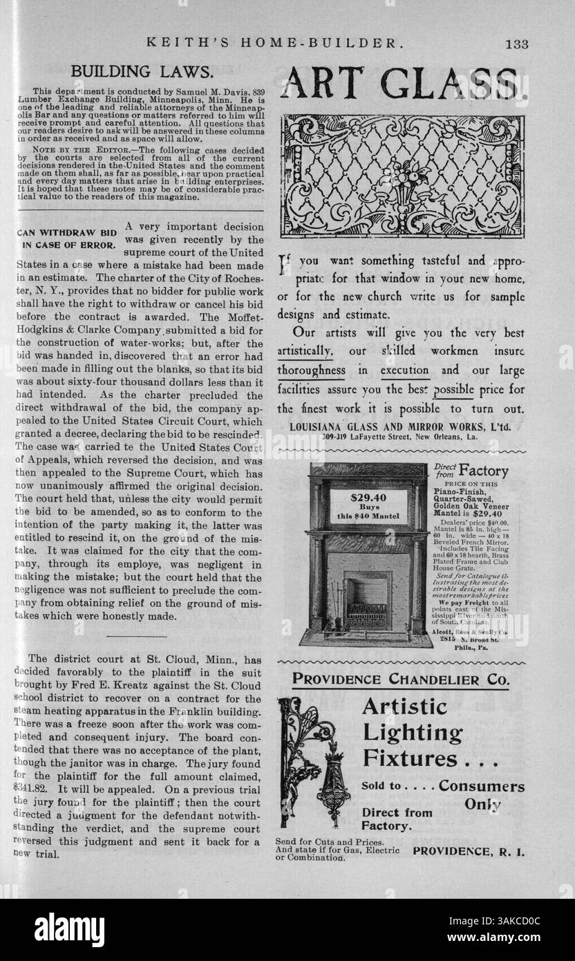 Keith's Home-Builder, 1900, herausgegeben von Walter J. Keith, bietet detaillierte Pläne und Illustrationen für Häuser in verschiedenen Architekturstilen. Das Magazin enthält Kosten für den Bau sowie zusätzliche Funktionen zu Wohnkultur, Landschaftsgestaltung und Werbung für Baumaterialien, Möbel und Accessoires. Einige Ausgaben enthalten auch Entwürfe für Schulen, Kirchen und andere Gebäudetypen. Stockfoto