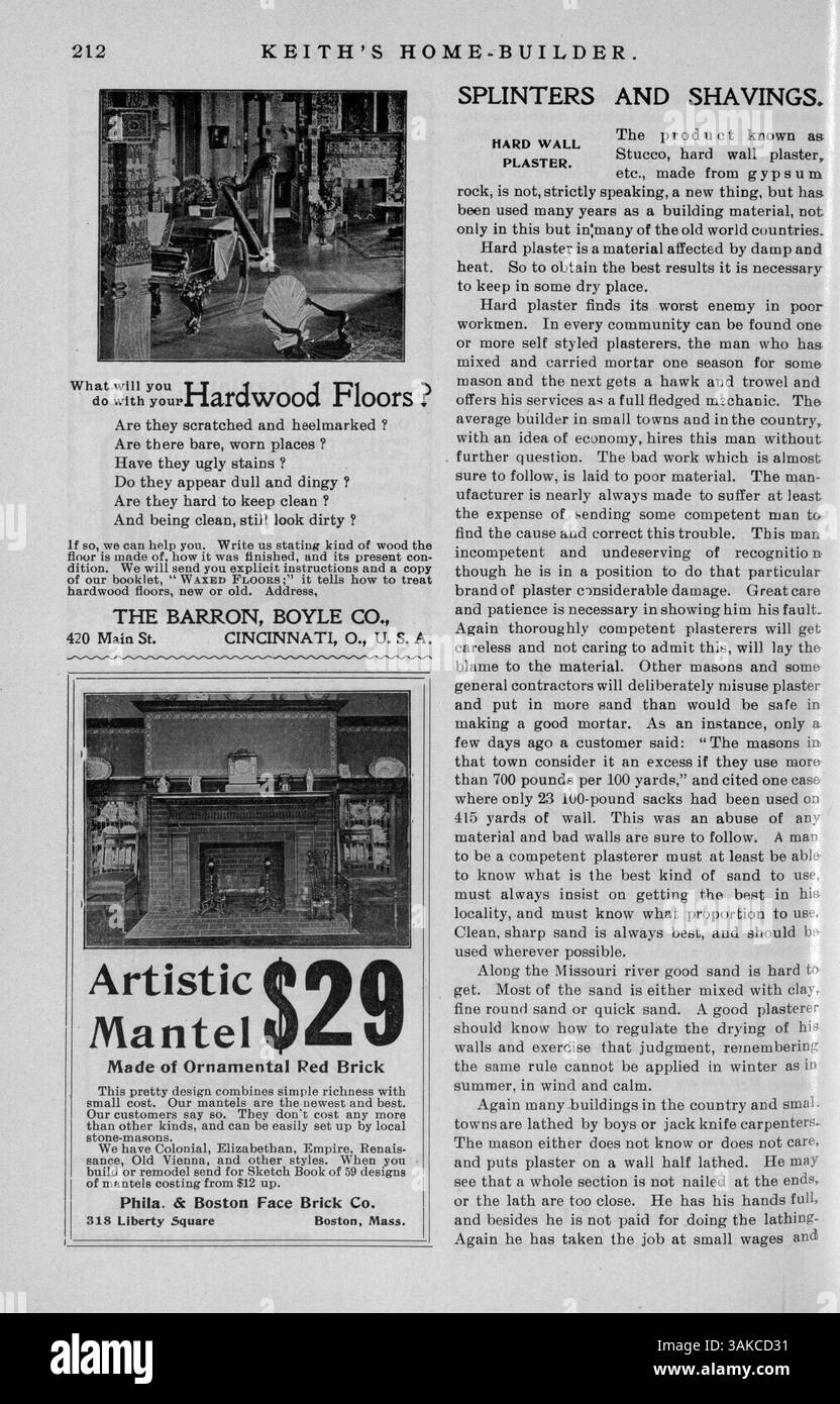 Keith’s Home-Builder, herausgegeben von Walter J. Keith, ist eine monatliche Zeitschrift, die Wohndesigns mit Grundrissen, Illustrationen und Fotos präsentiert. Die Publikation enthält Beschreibungen von Architekturstilen, Hausbaukosten und Artikel über Inneneinrichtung und Landschaftsgestaltung. Einige Ausgaben enthalten Pläne für Schulen, Kirchen und andere Gebäude. Stockfoto