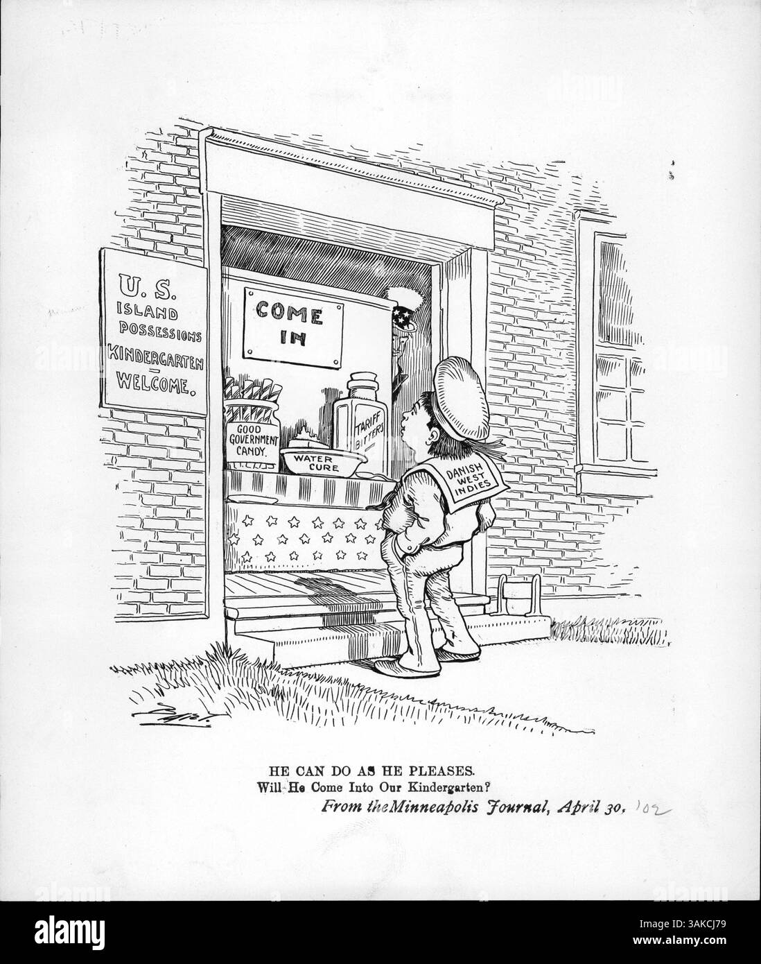 Der Zeichentrick „He Can Do As He Pleases“ zeigt Uncle Sam, der die dänischen Westindien beobachtet, wie sie sich den USA anschließen wollen. Die USA versuchten, die Inseln während des frühen 20. Jahrhunderts von Dänemark zu kaufen. Stockfoto