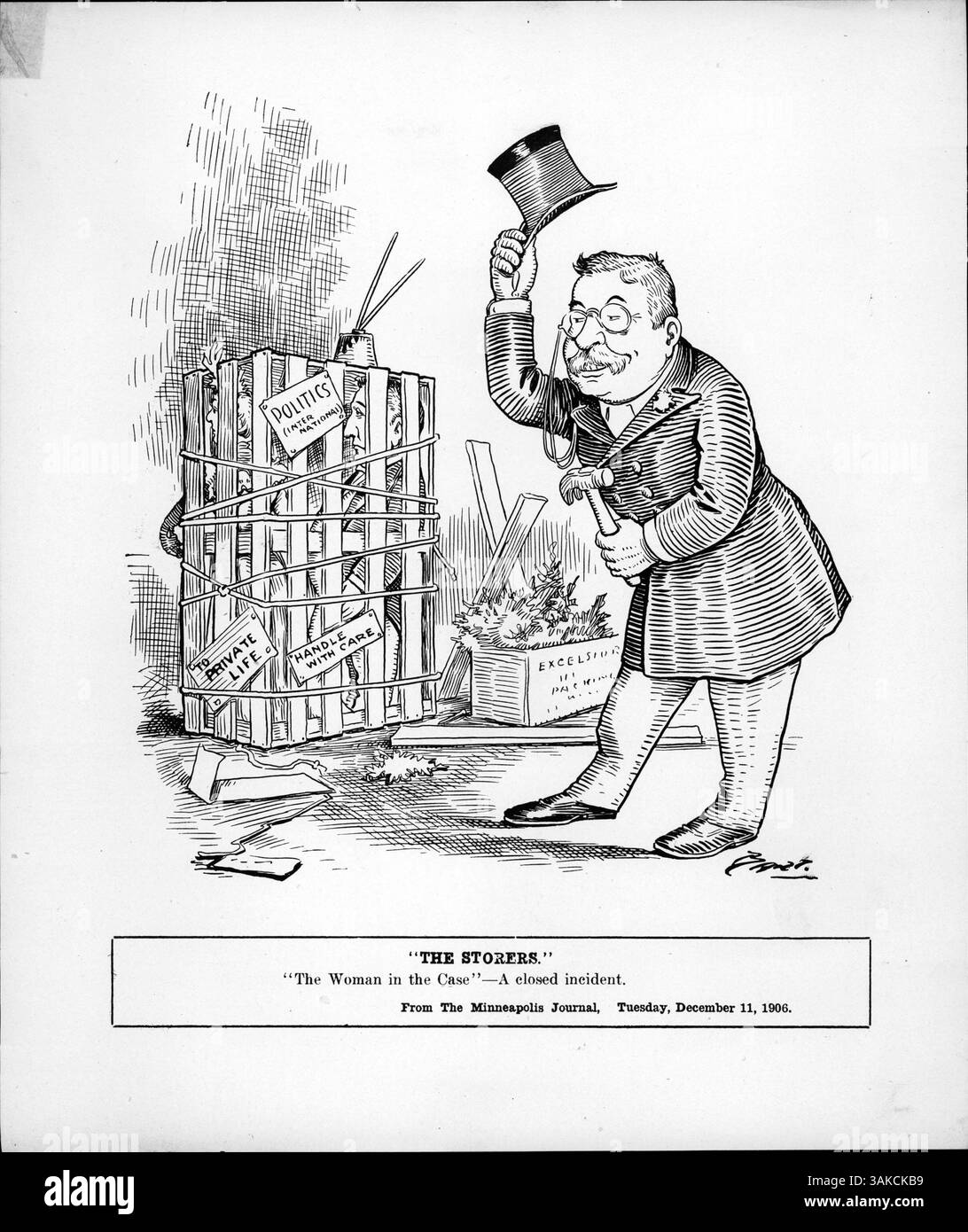 Ein politischer Zeichentrick mit Theodore Roosevelt, in dem ein Mann und eine Frau in einer Kiste mit den Aufschriften „to Private Life“, „Handle with Care“ und „Politics (International)“ versiegelt sind. Es bezieht sich auf das Stück „The Woman in the Case“ und hebt den Anspruch der Storers auf Anerkennung für Roosevelts Ernennung zum Assistant Navy Secretary hervor, was schließlich zu seiner Präsidentschaft führte. Stockfoto Ein politischer Zeichentrick mit Theodore Roosevelt, in dem ein Mann und eine Frau in einer Kiste mit den Aufschriften „to Private Life“, „Handle with Care“ und „Politics (International)“ versiegelt sind. Es bezieht sich auf das Stück „The Woman in the Case“ und hebt den Anspruch der Storers auf Anerkennung für Roosevelts Ernennung zum Assistant Navy Secretary hervor, was schließlich zu seiner Präsidentschaft führte. Stockfoto