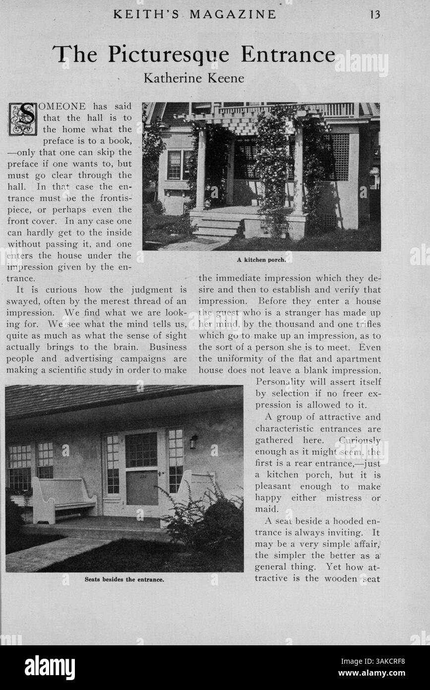 Die 1918 erschienene Reihe von Keith's Magazine, herausgegeben vom Architekten Max L. Keith, enthält zwölf Ausgaben mit Hausentwürfen, Grundrissen und Illustrationen. Detaillierte Beschreibungen jeder Konstruktion werden von Kostenschätzungen begleitet. Das Magazin befasst sich auch mit Innenarchitektur, Landschaftsplanung und enthält Werbung für Möbel und Baumaterialien. Einige Ausgaben enthalten Pläne für Kirchen und Schulen. Stockfoto