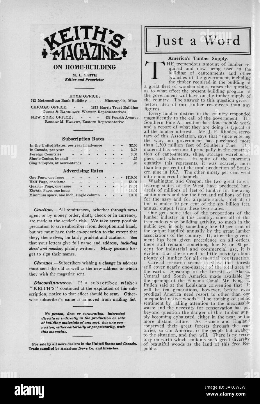 Eine Serie von zwölf Ausgaben des Keith's Magazine, die sich jeweils auf verschiedene Wohndesigns mit detaillierten Illustrationen, Grundrissen und Kostenaufteilungen konzentrieren. Das Magazin enthält Artikel über Wohnbau, Inneneinrichtung, Landschaftsgestaltung und Architekturstile sowie Werbung für Baumaterialien und Wohnmöbel. Einige Ausgaben enthalten auch Bauentwürfe für Kirchen und Schulen. Stockfoto