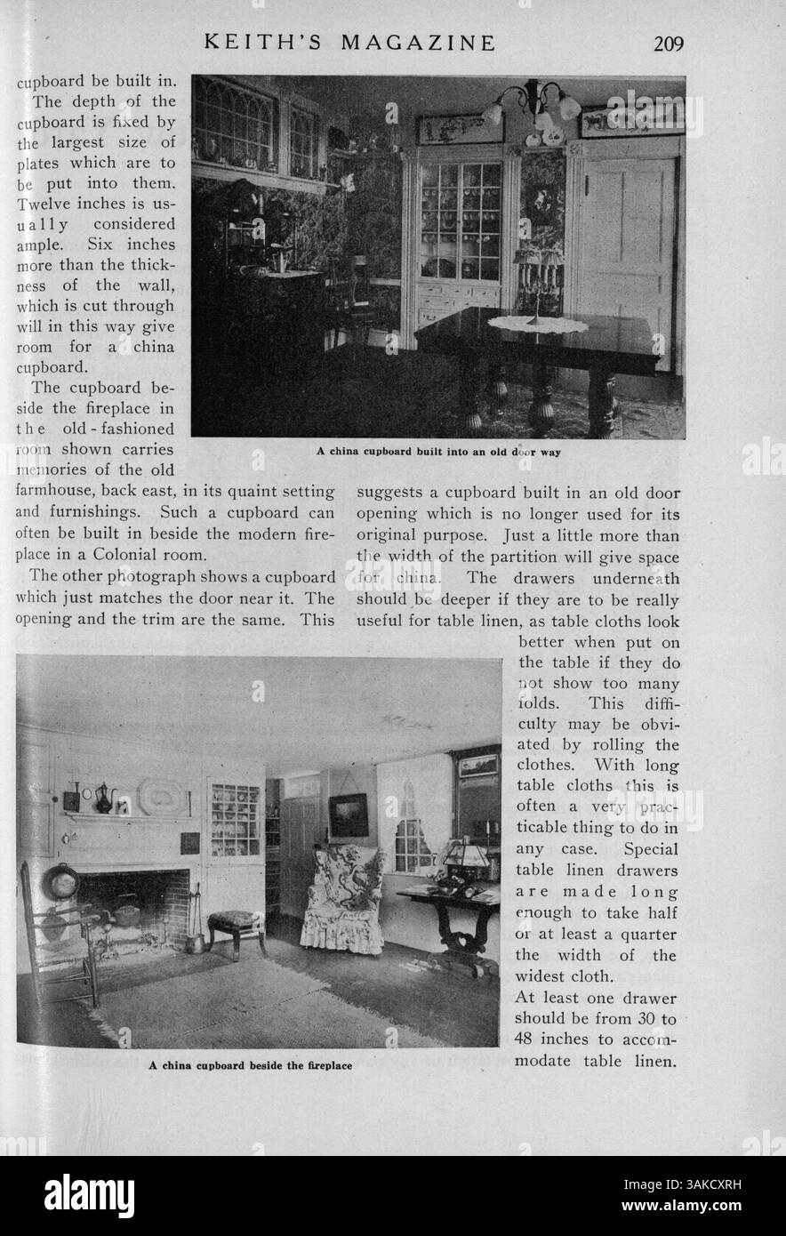 Zwölf monatliche Ausgaben des Keith’s Magazine, herausgegeben vom Architekten Max L. Keith, zeigen detaillierte Grundrisse, Illustrationen und Fotografien für Hausentwürfe. Das Magazin bietet Beschreibungen und Kosten für verschiedene Wohnstile aus dem Zeitraum 1918. Es enthält auch Artikel über Wohngebäude, Inneneinrichtung, Landschaftsgestaltung und Werbung für Baumaterialien, Möbel und Accessoires. Einige Themen betreffen Pläne für Kirchen und Schulen. Stockfoto