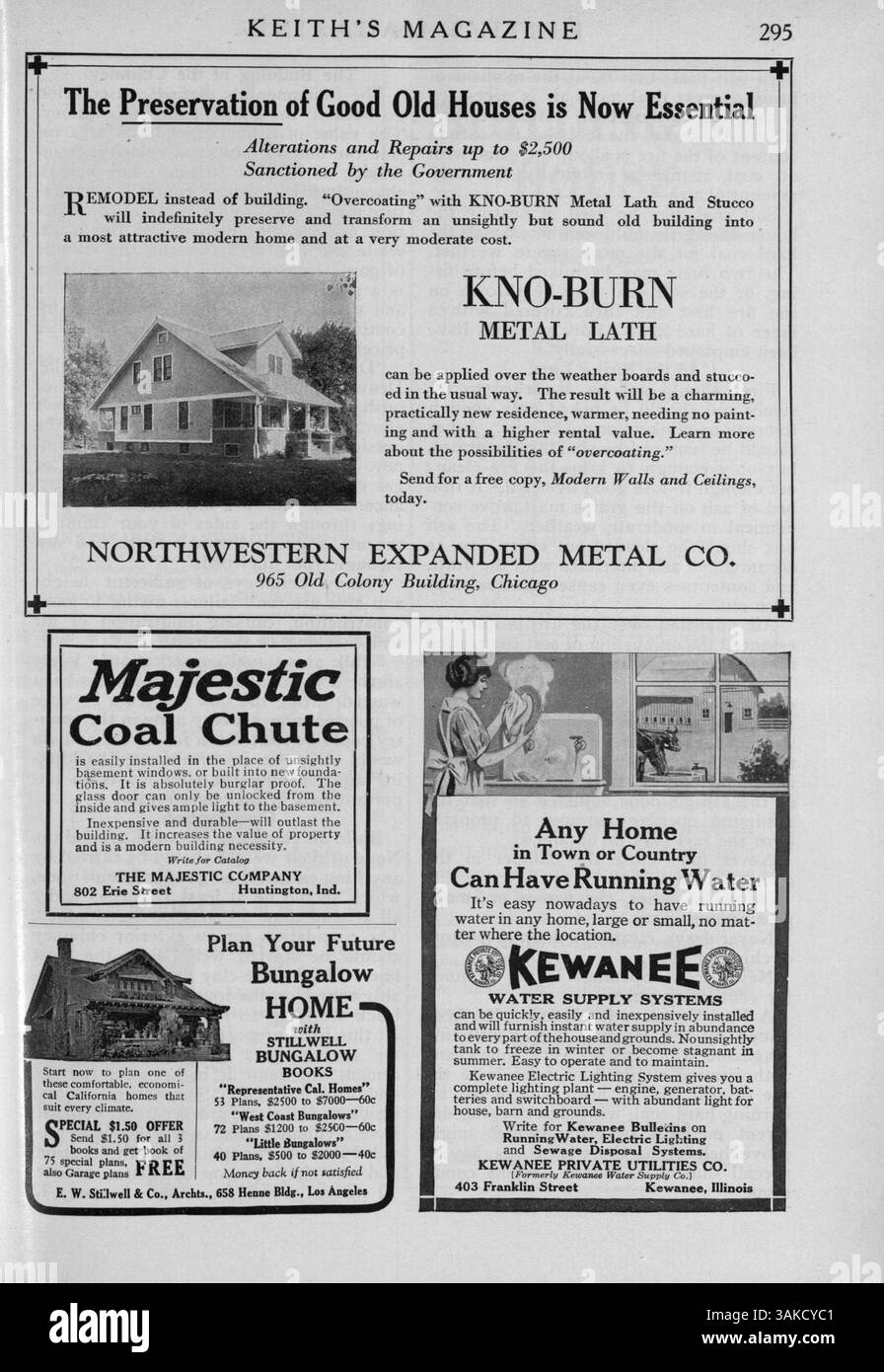Im Jahr 1918 bot das Keith’s Magazine zwölf monatliche Ausgaben an, die sich auf den Wohnungsbau konzentrierten, darunter Entwürfe für Häuser, Kirchen und Schulen. Jede Ausgabe enthält Kostenaufgliederungen, Bautechniken und Vorschläge für Inneneinrichtung und Landschaftsarchitektur sowie Werbung für Baubedarf und Wohnmöbel. Stockfoto